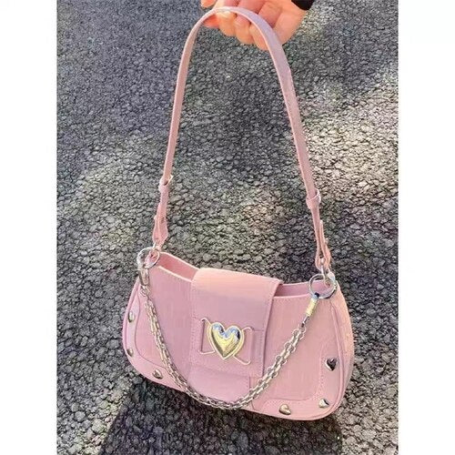 Antmvs Antmvs Women's Pink Shoulder Bags Fashion Chain Female Underarm Bag Cute Rivet Pu Leather Y2k Cool Girls Handbags Purse