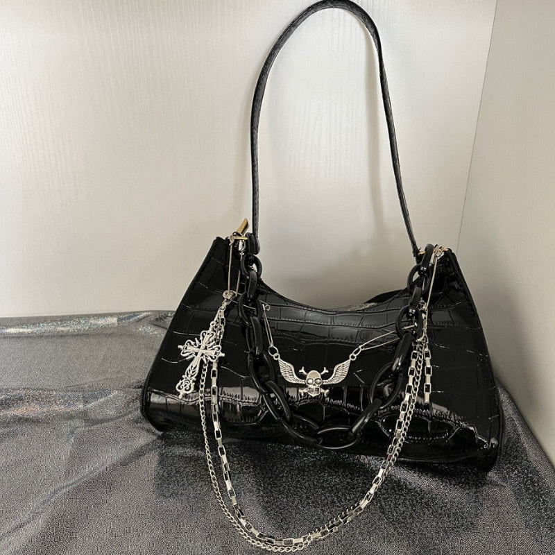 Antmvs Graduation Gift Handmade Women's Small Hobos Underarm Bags Dark Punk Female Cool Shoulder Bag Crocodile Pattern Y2K Hot Girls Chain Handbags