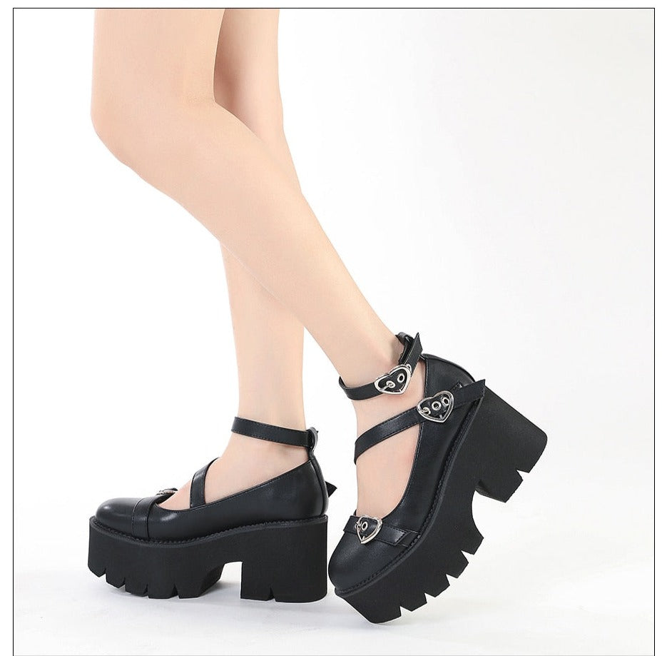 Antmvs Platform Lolita Shoes On Chunky Heels Spring Cross Bandage Women Mary Jane Shoes Kawaii Cospaly Heart Buckle Big Size