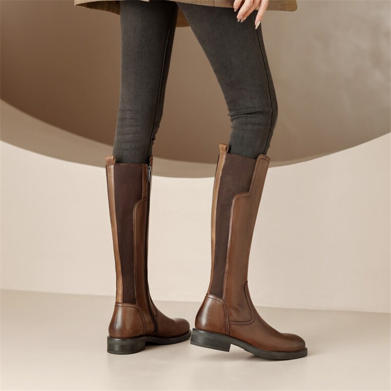 Antmvs New Autumn/Winter Women's Boots Round Toe Chunky Heel Knight Boots Shoe For Women Cow Leather Vintage Boots Knee-High Boots