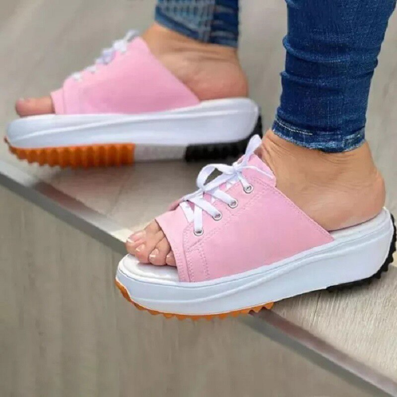 antmvs Summer Womens Platform Slippers Shoes Large Size Lace-Up Fish Mouth Canvas Slipper Shoes For Women Beach Thick Bottom Sandals