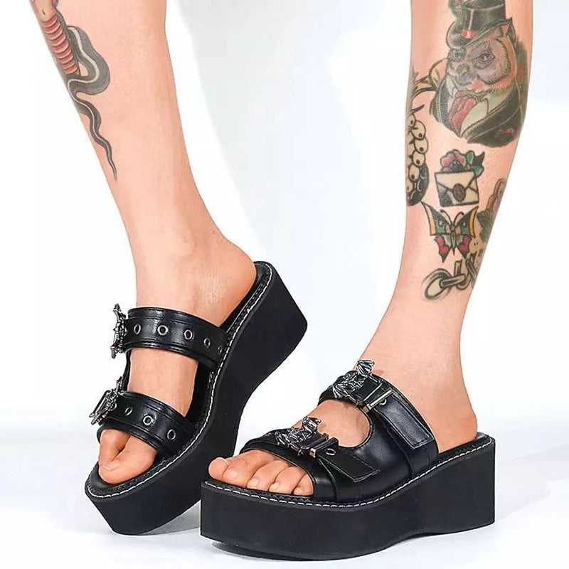antmvs Woman Summer Slippers Shoes Women Gothic Punk Round Toe Platform Sandals Slide Lady High Heels Wedges Female Sandals Black Shoe
