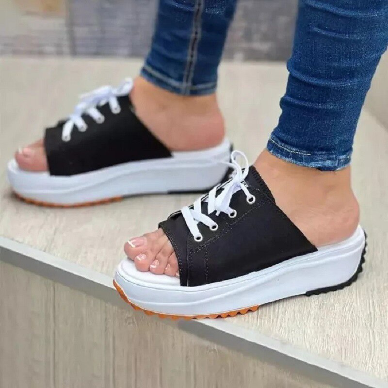 antmvs Summer Womens Platform Slippers Shoes Large Size Lace-Up Fish Mouth Canvas Slipper Shoes For Women Beach Thick Bottom Sandals