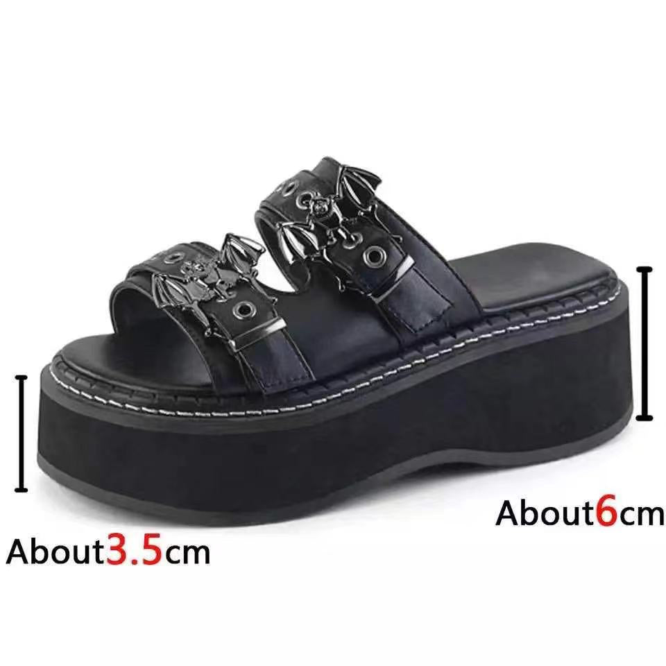 antmvs Woman Summer Slippers Shoes Women Gothic Punk Round Toe Platform Sandals Slide Lady High Heels Wedges Female Sandals Black Shoe