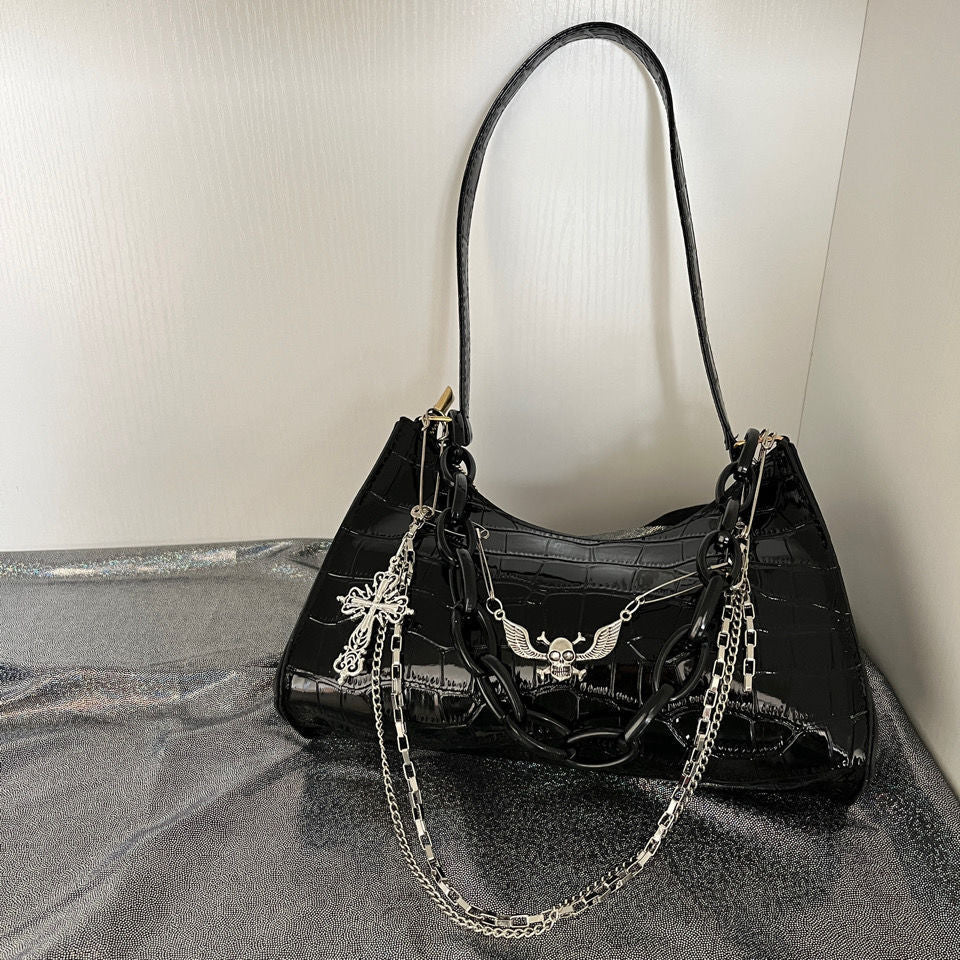 Antmvs Graduation Gift Handmade Women's Small Hobos Underarm Bags Dark Punk Female Cool Shoulder Bag Crocodile Pattern Y2K Hot Girls Chain Handbags