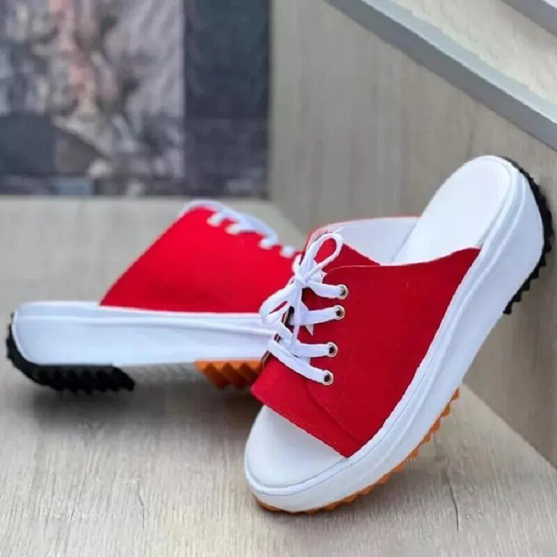 antmvs Summer Womens Platform Slippers Shoes Large Size Lace-Up Fish Mouth Canvas Slipper Shoes For Women Beach Thick Bottom Sandals