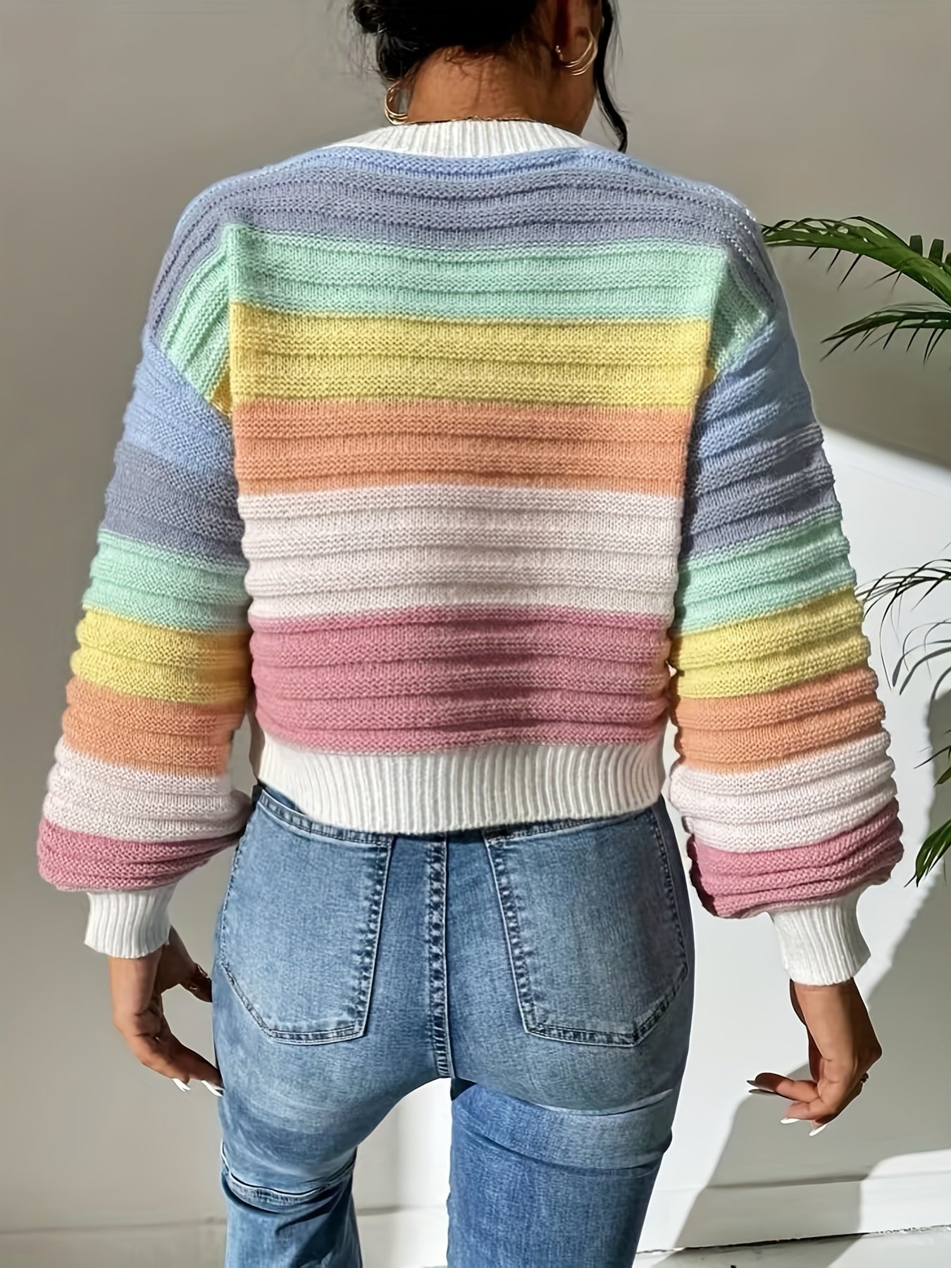 Antmvs Striped Pattern Crew Neck Sweater, Casual Long Lantern Sleeve Sweater For Spring & Fall, Women's Clothing