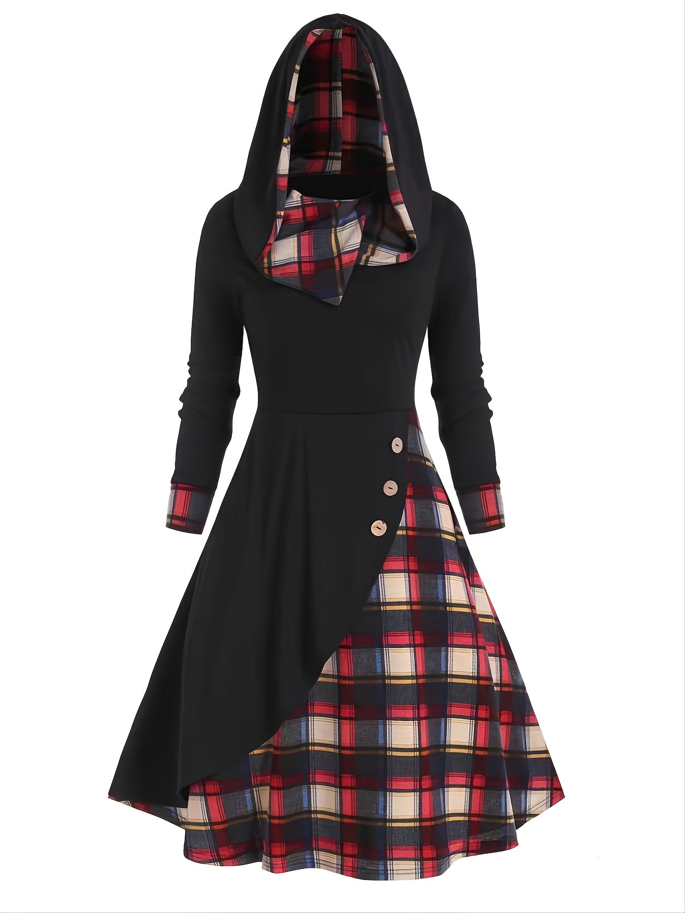 Antmvs Color Block Plaid Midi Dresses Sexy Nightclub Long Sleeve Hooded Cloak Hoodie Dress Victorian Pirate Millennial Frock