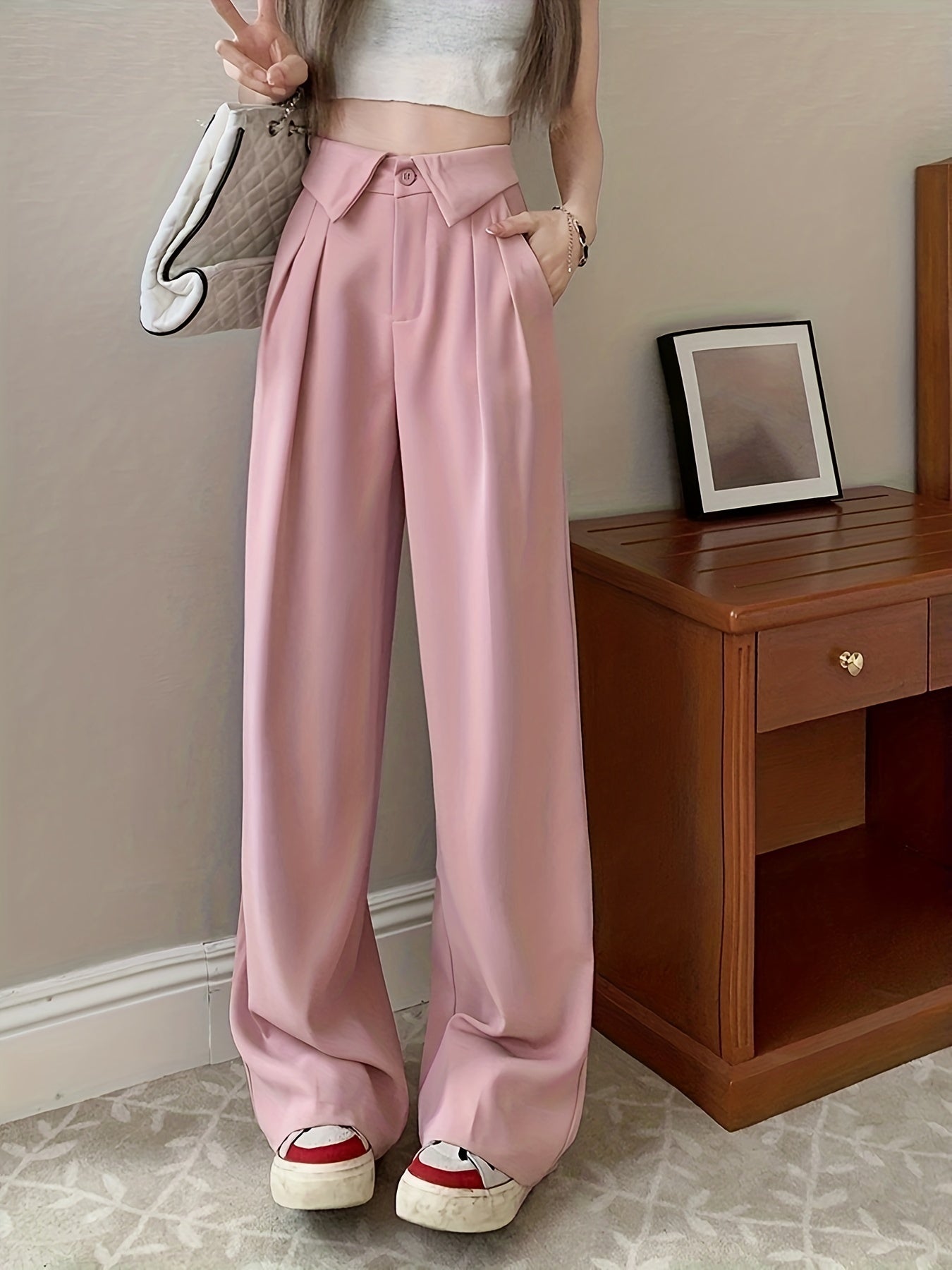 Antmvs Button Front Straight Leg Pants, Casual Pleated Pocket High Waist Pants, Women's Clothing