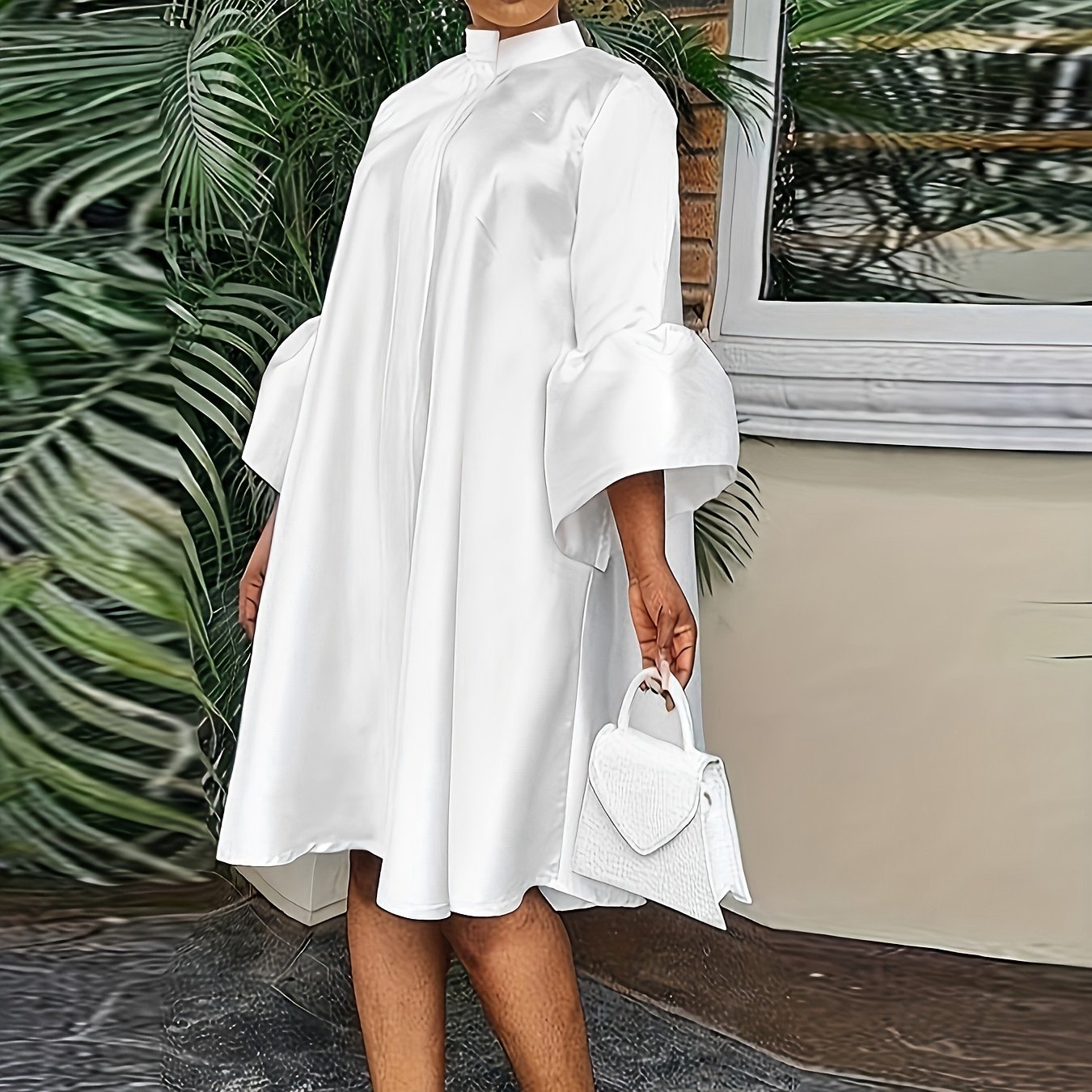Antmvs Flared 3/4 Sleeve Solid Dress, Casual Mock Neck Loose Midi Dress, Women's Clothing