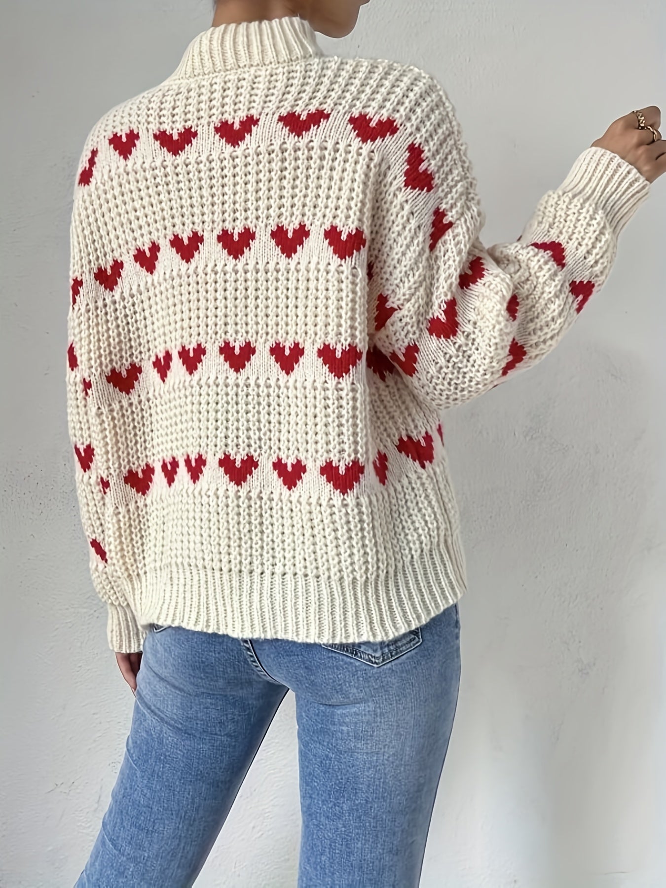 Antmvs Heart Pattern Turtle Neck Pullover Sweater, Casual Long Sleeve Sweater For Fall & Winter, Women's Clothing