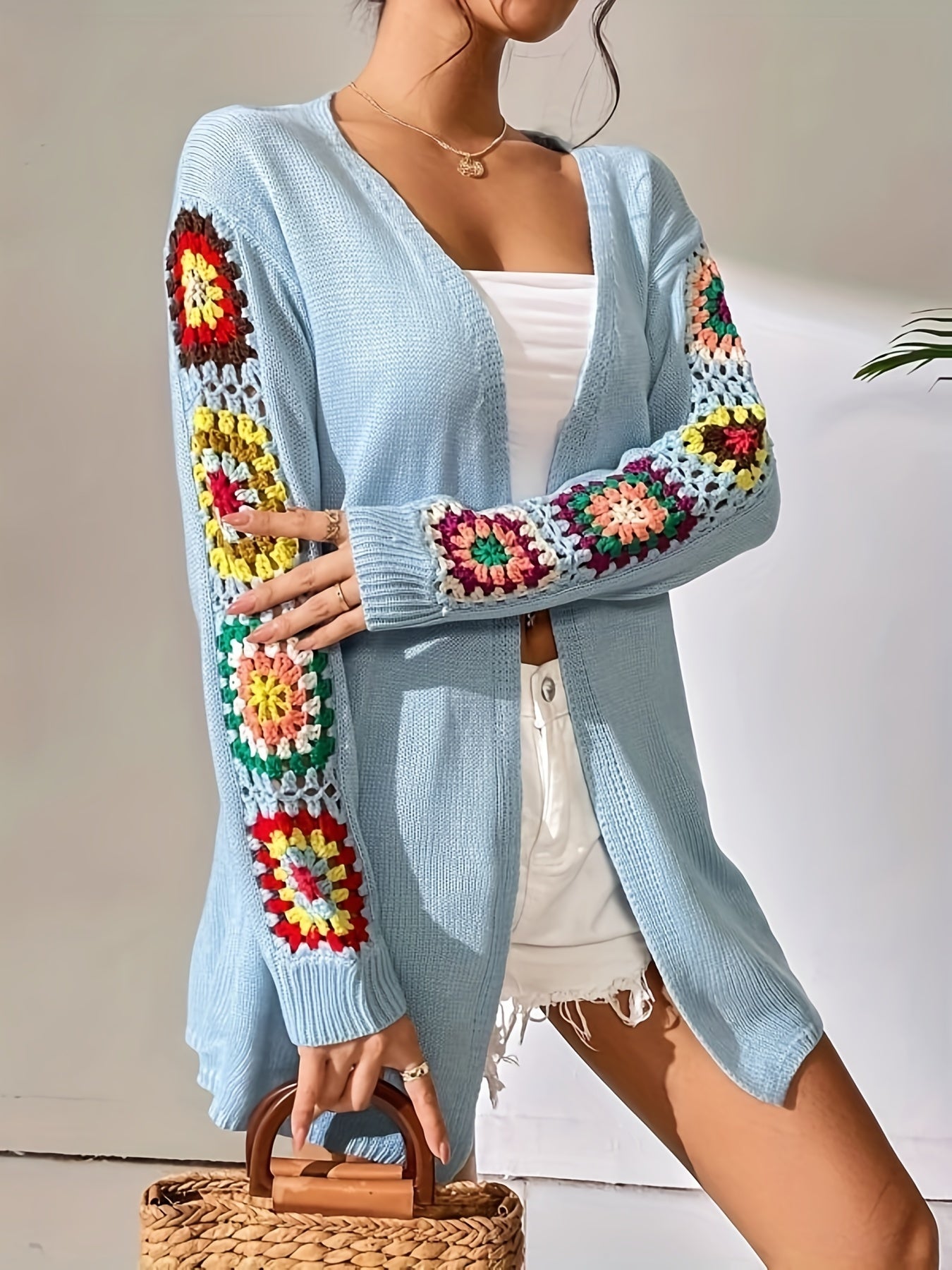 Antmvs Floral Print Open Front Tunics, Casual Long Sleeve Versatile Tunics, Women's Clothing