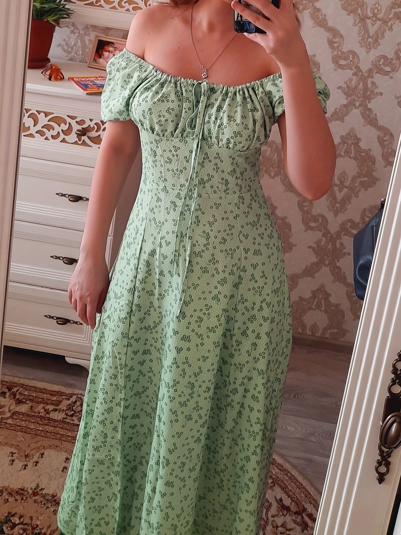 Antmvs Floral Print Sweetheart Neck Dress, Elegant Split Backless Short Sleeve Dress For Spring & Summer, Women's Clothing