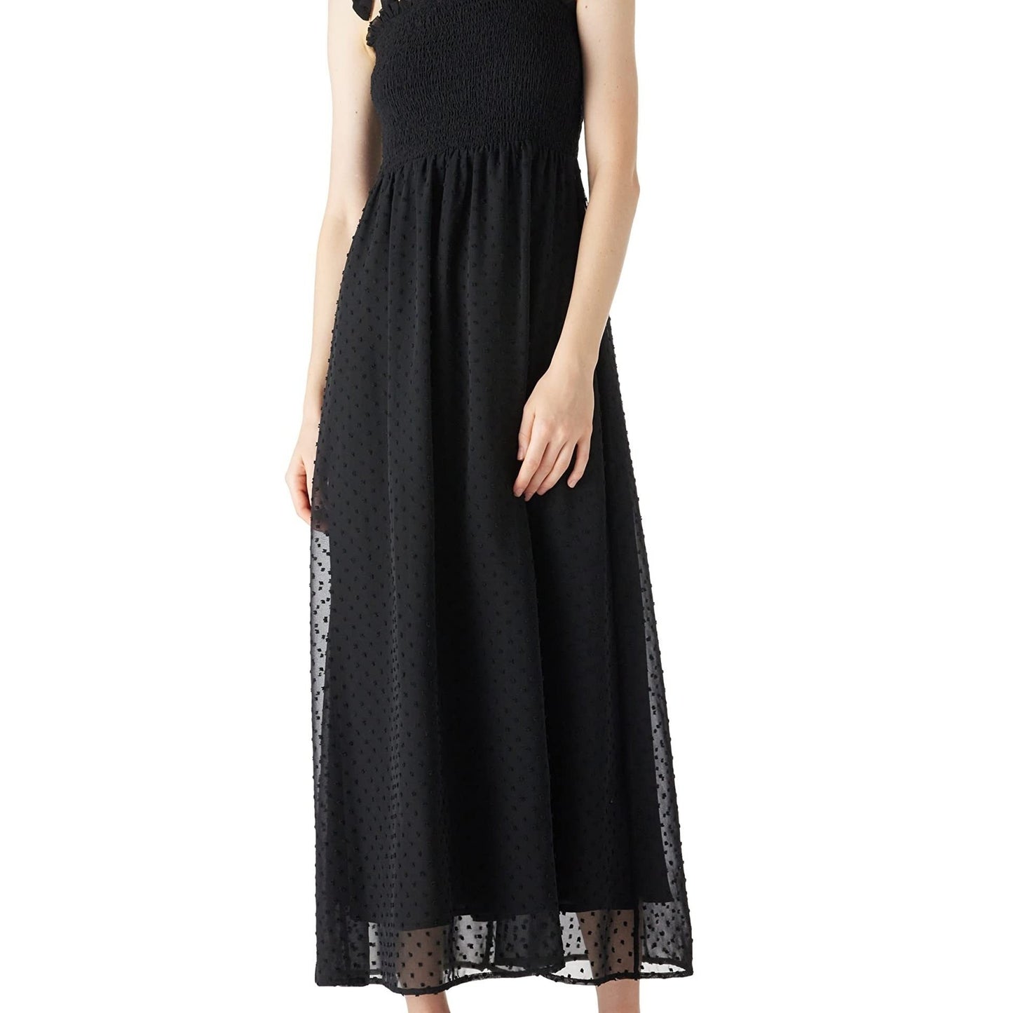 Antmvs Swiss Dot Tie Strap Shirred Dress, Elegant Backless Ruffle Trim Dress, Women's Clothing