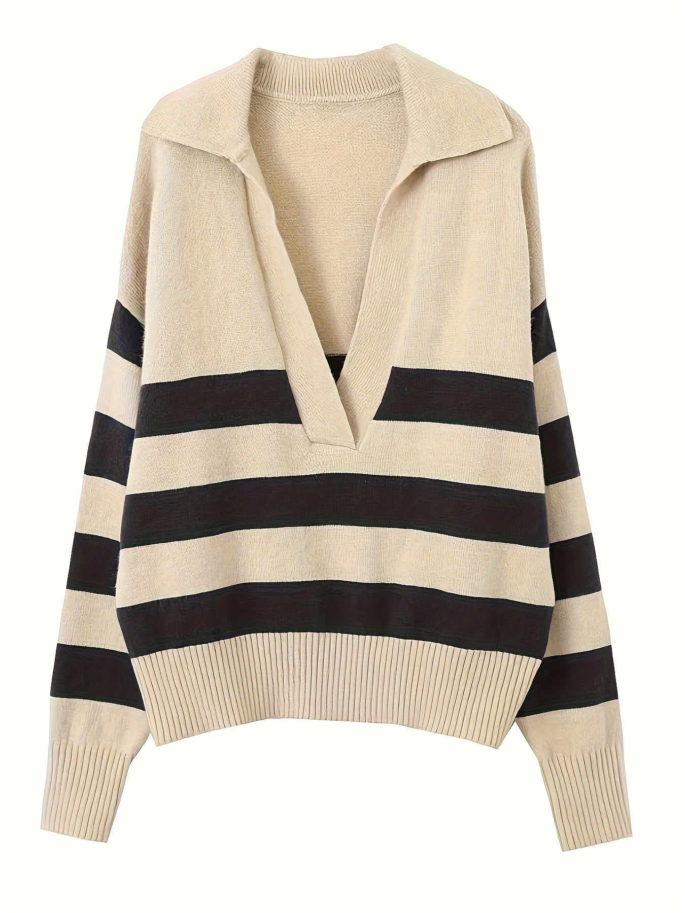 Antmvs Striped V Neck Pullover Sweater, Casual Long Sleeve Drop Shoulder Sweater, Women's Clothing