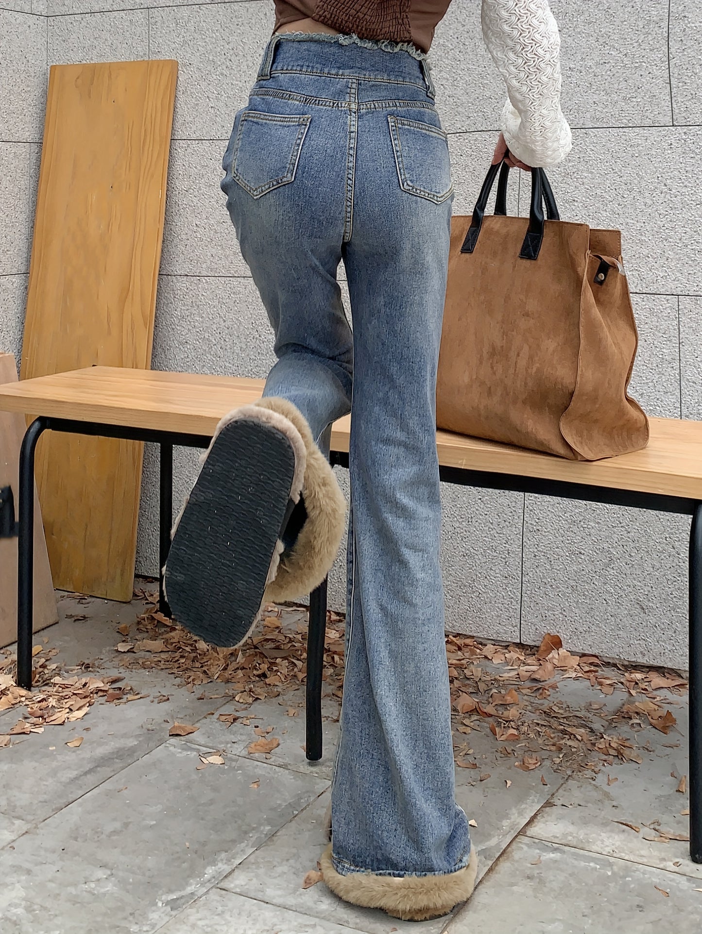 Antmvs High Waist Niche Bootcut Jeans, Plush Stitching Double Button Slant Pockets Denim Pants, Women's Denim Jeans & Clothing