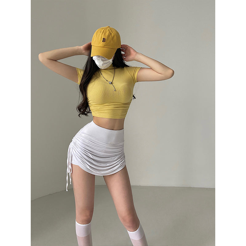 Antmvs Norma Solid Color Short Sleeve Turtleneck Slim Cropped Top