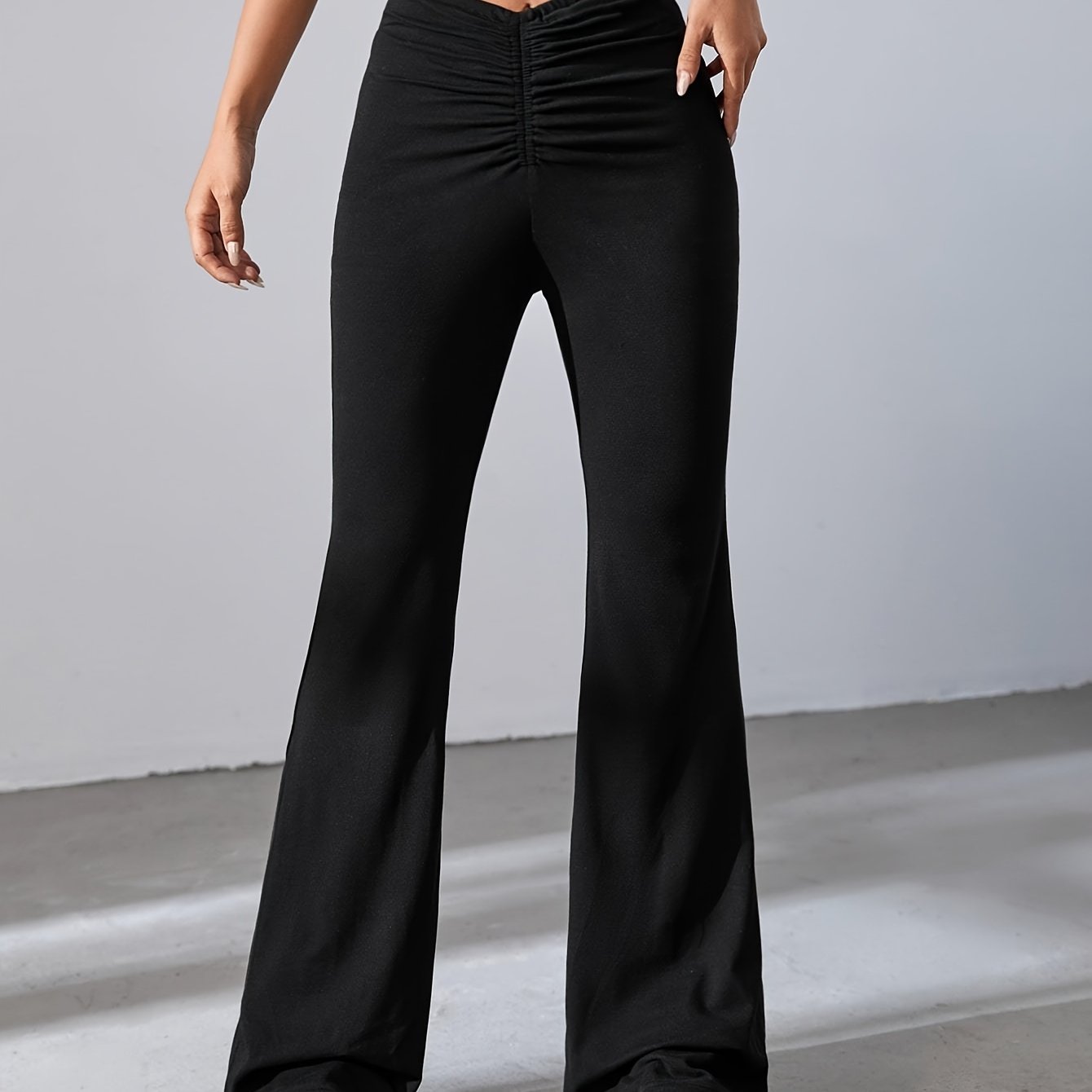 Antmvs Solid Color Flare Leg Pants, Casual Loose Ruched Bootcut Pants, Women's Clothing