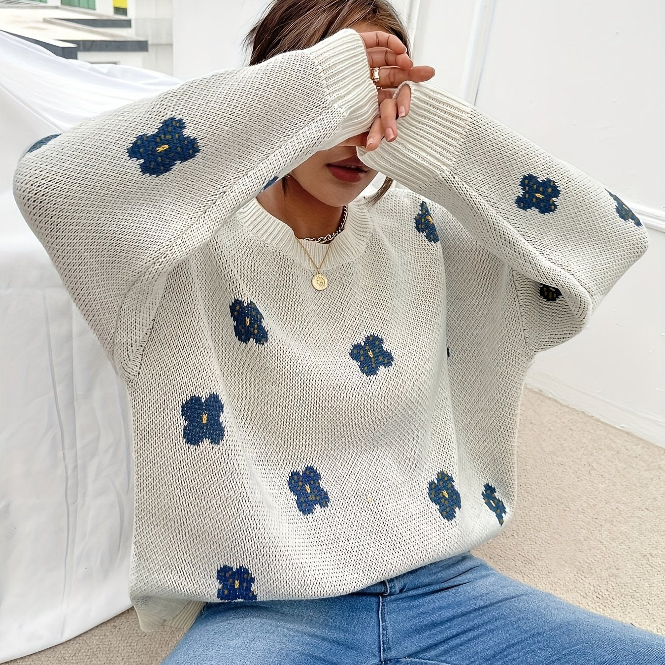 Antmvs Floral Pattern Crew Neck Sweater, Casual Long Sleeve Drop Shoulder Sweater For Fall & Winter, Women's Clothing