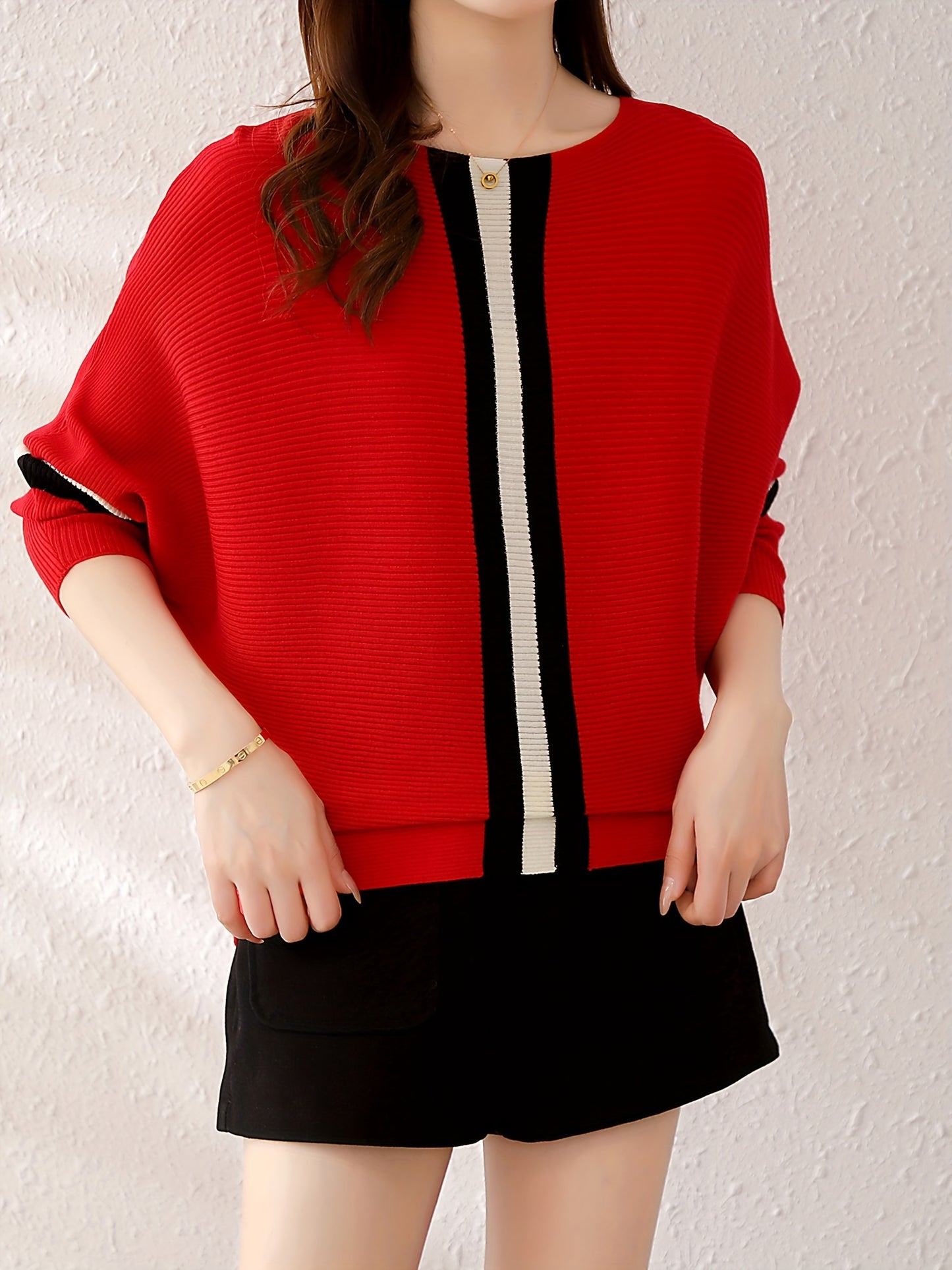 Antmvs Color Block Boat Neck Knit Sweater, Elegant Long Sleeve Sweater, Women's Clothing