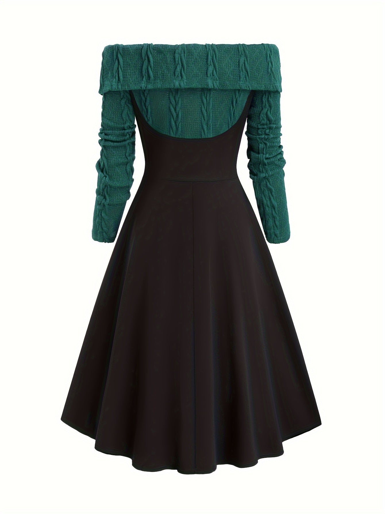 Antmvs Color Block Off Shoulder Dress, Elegant Vintage Long Sleeve Dress, Women's Clothing