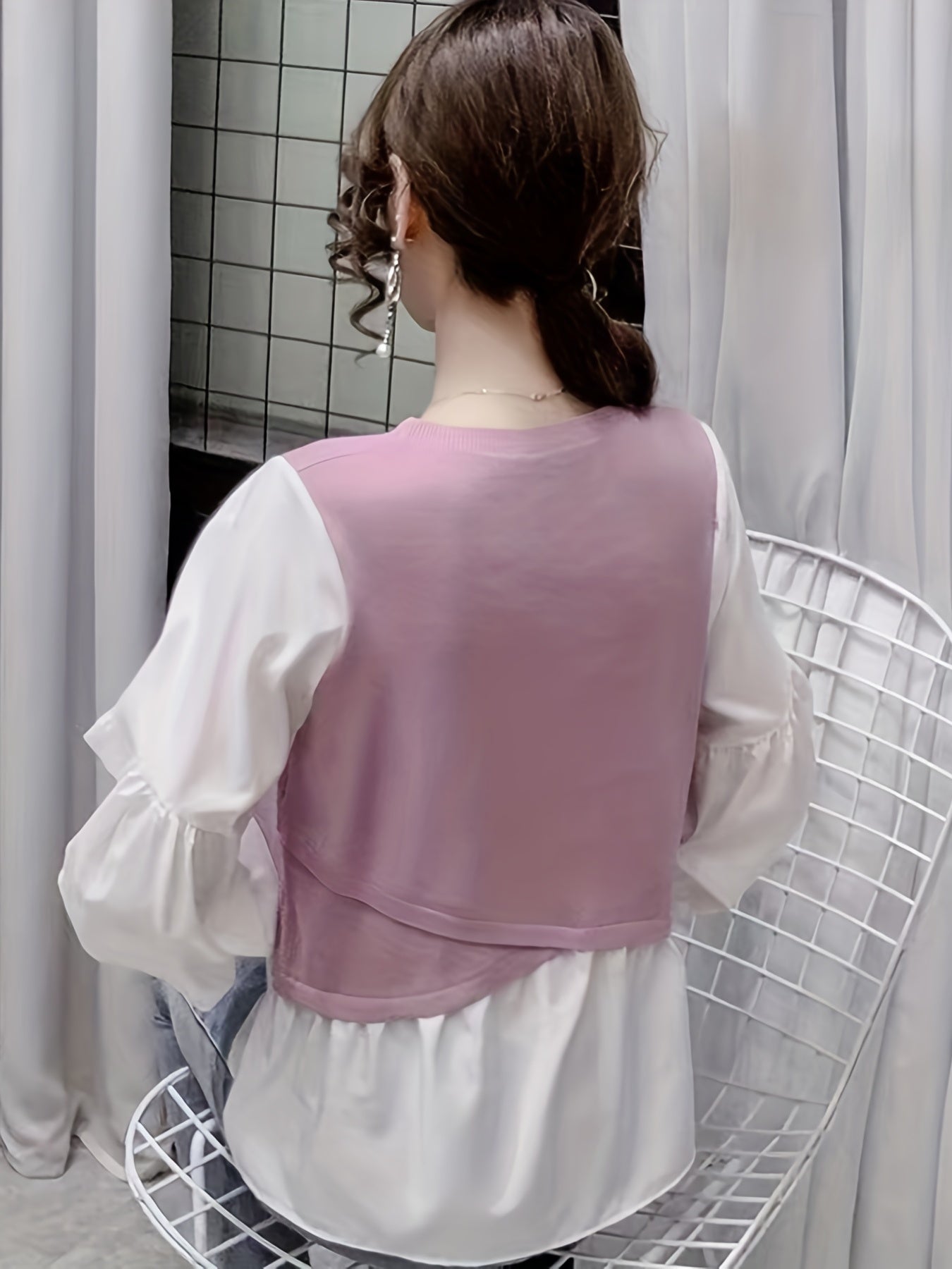Antmvs Stitching Puff Sleeve Knitted Top, Elegant Crew Neck Long Sleeve Top, Women's Clothing
