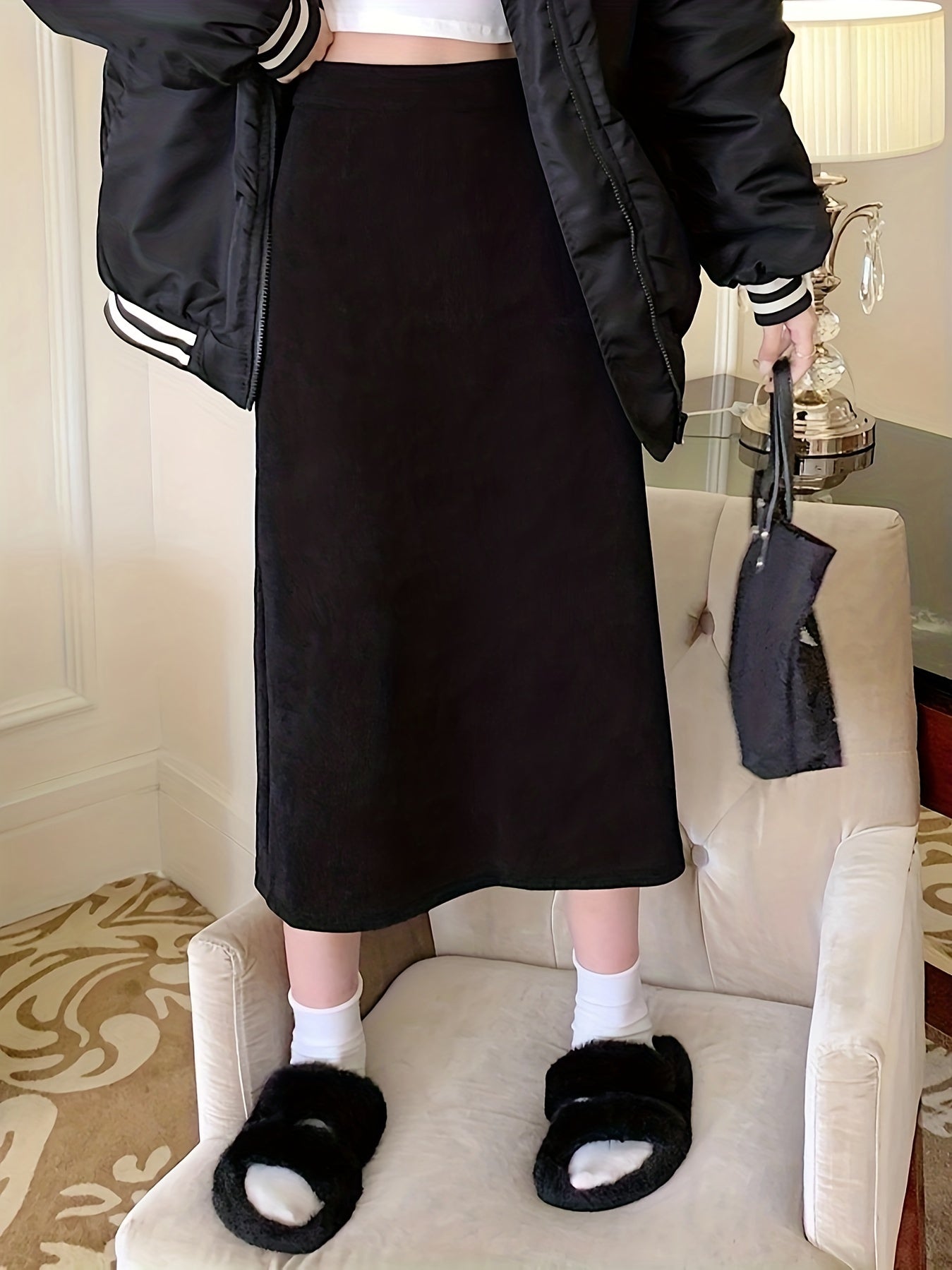 Antmvs Solid High Waist Split Skirt, Casual Fleece Midi Skirt For Fall & Winter, Women's Clothing