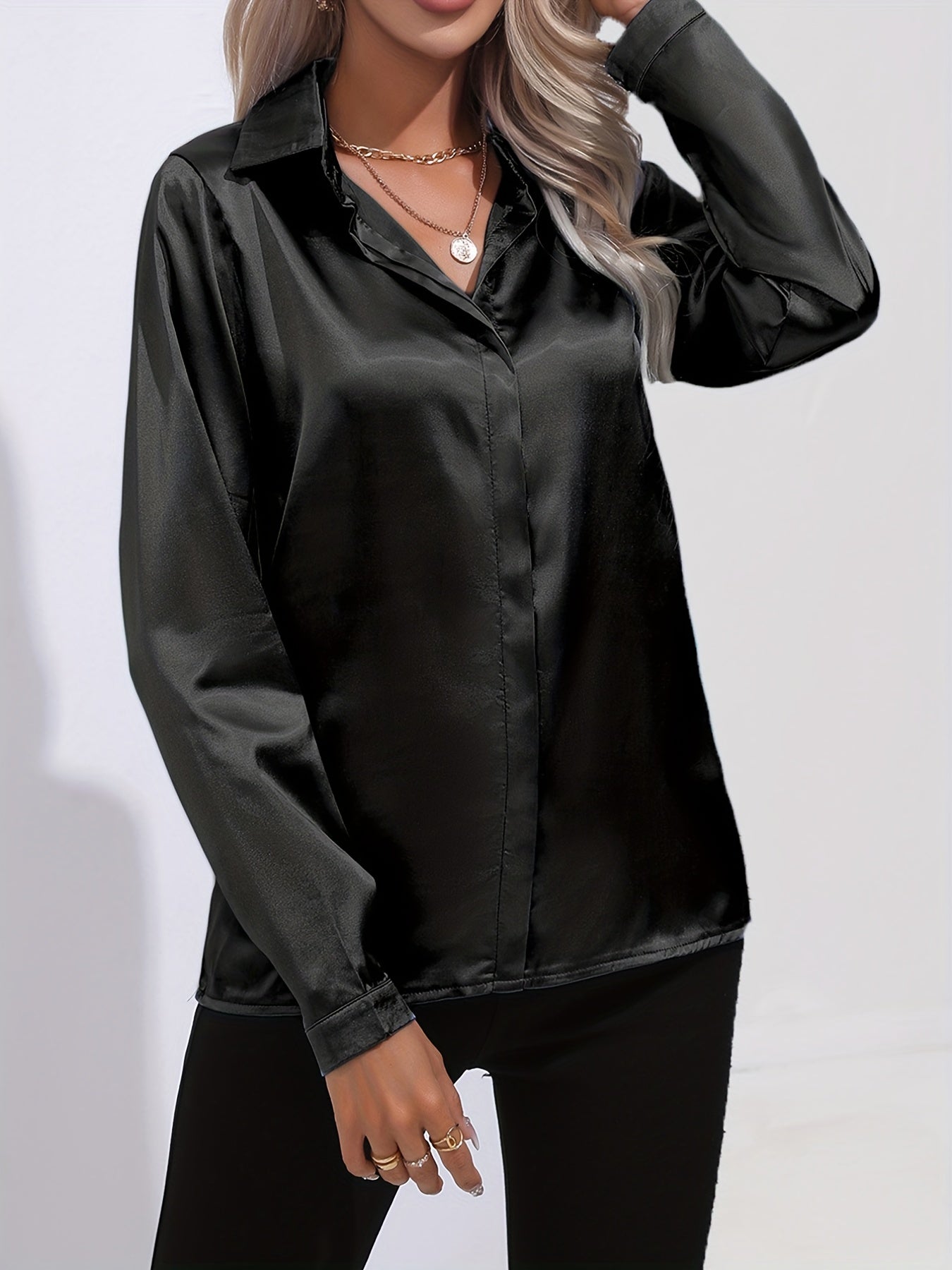 Antmvs Elegant Satin Blouse, Collar Long Sleeve Work Blouse, Women's Clothing
