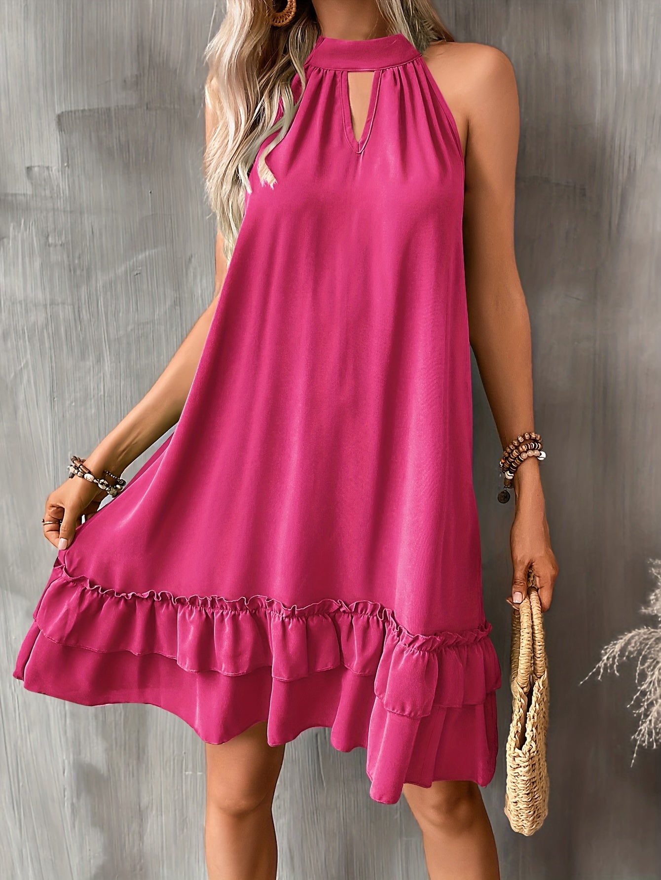 Antmvs Layered Keyhole Dress, Sexy Knotted Ruffle Hem Sleeveless Dress, Women's Clothing