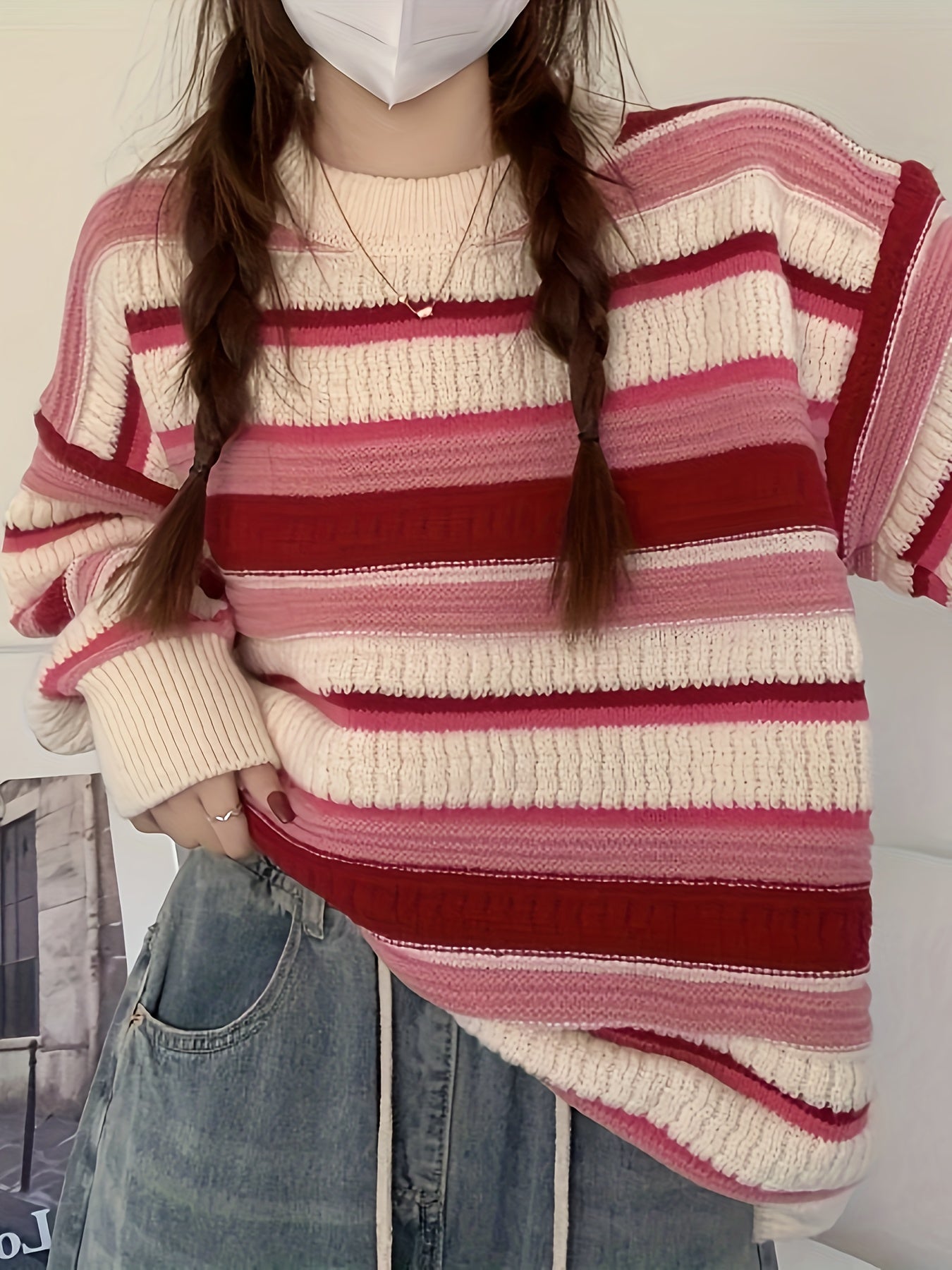 Antmvs Striped Crew Neck Pullover Sweater, Casual Long Sleeve Loose Warm Winter Sweater, Women's Clothing