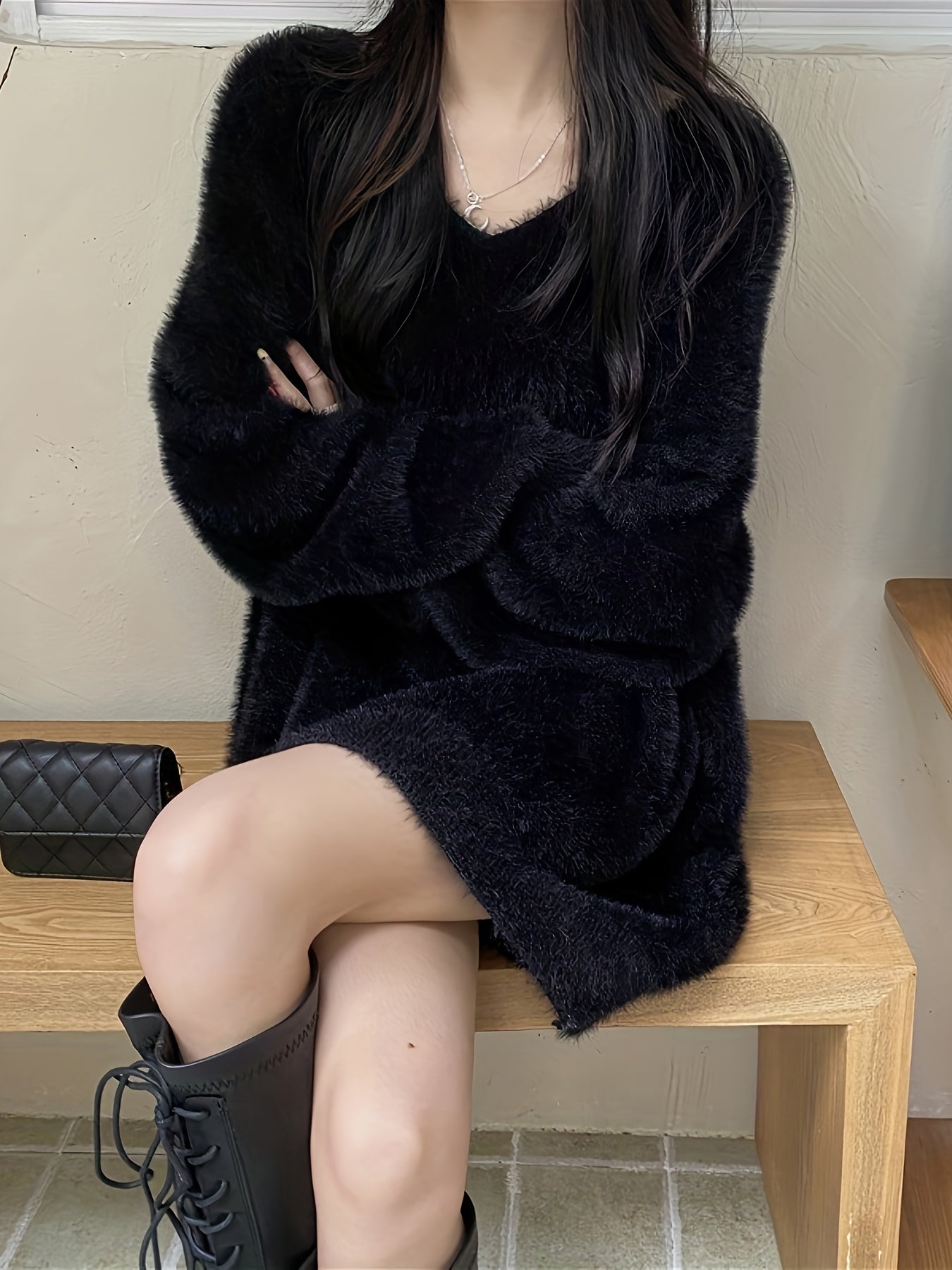 Antmvs Solid V Neck Soft Pullover Sweater, Casual Long Sleeve Loose Cozy Sweater, Women's Clothing
