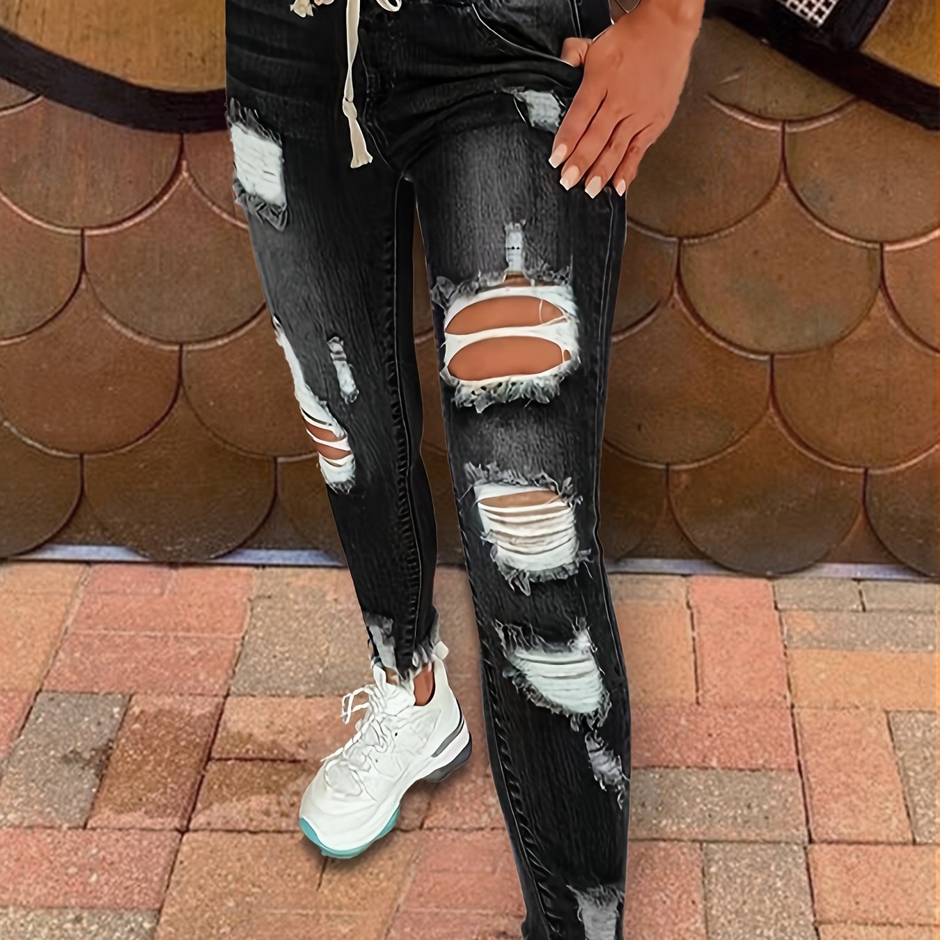 Antmvs Raw Hem Ripped Mom Jeans, Elastic Waistband Distressed Slash Pockets Denim Pants, Women's Denim Jeans & Clothing