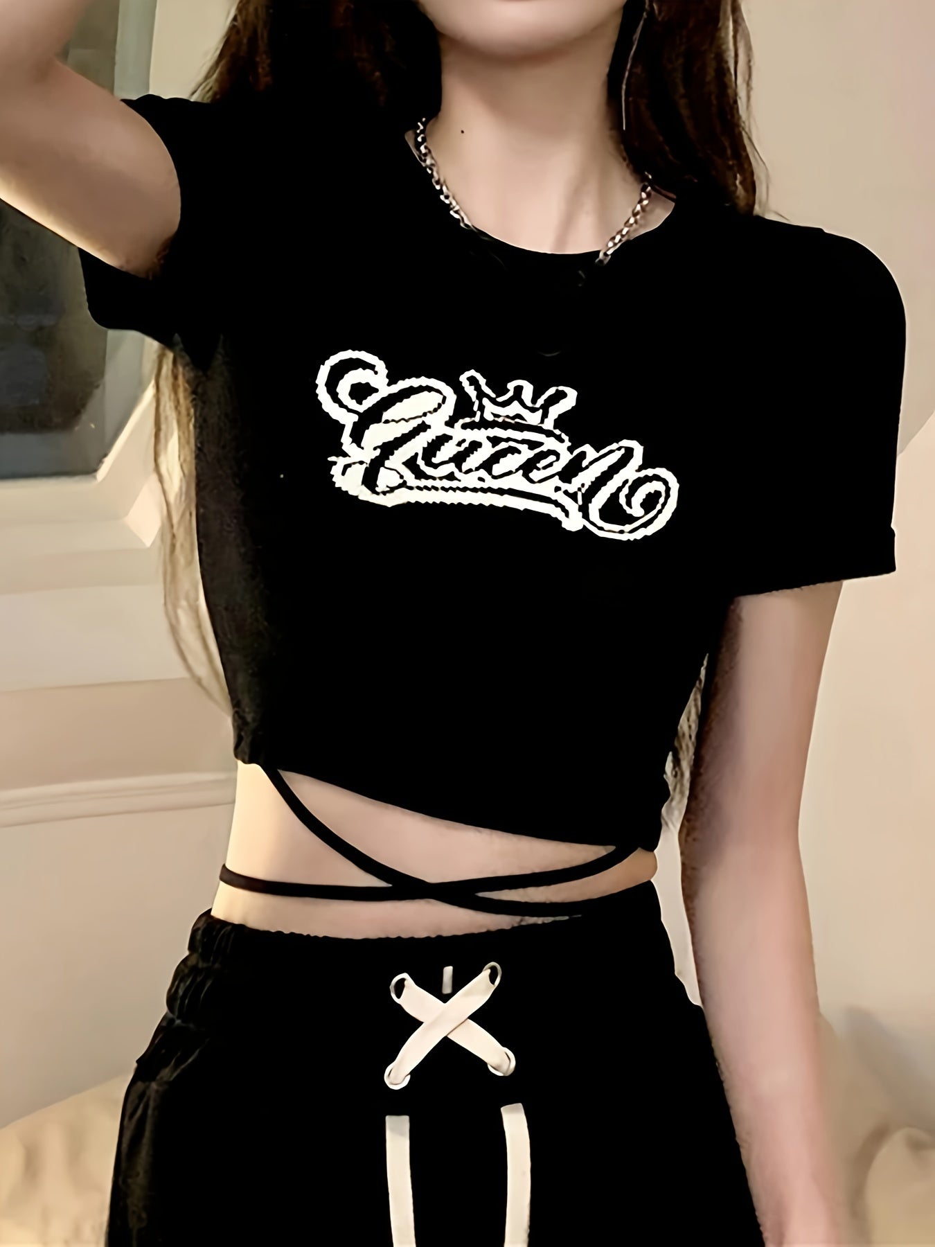 Antmvs Letter Print Crew Neck Crop Tee, Y2K Short Sleeve Tied Top For Spring & Summer, Women's Clothing