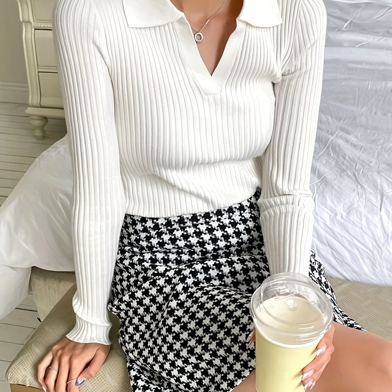 Antmvs Solid Notched Collar Rib Knit Sweater, Elegant Long Sleeve Slim Sweater, Women's Clothing