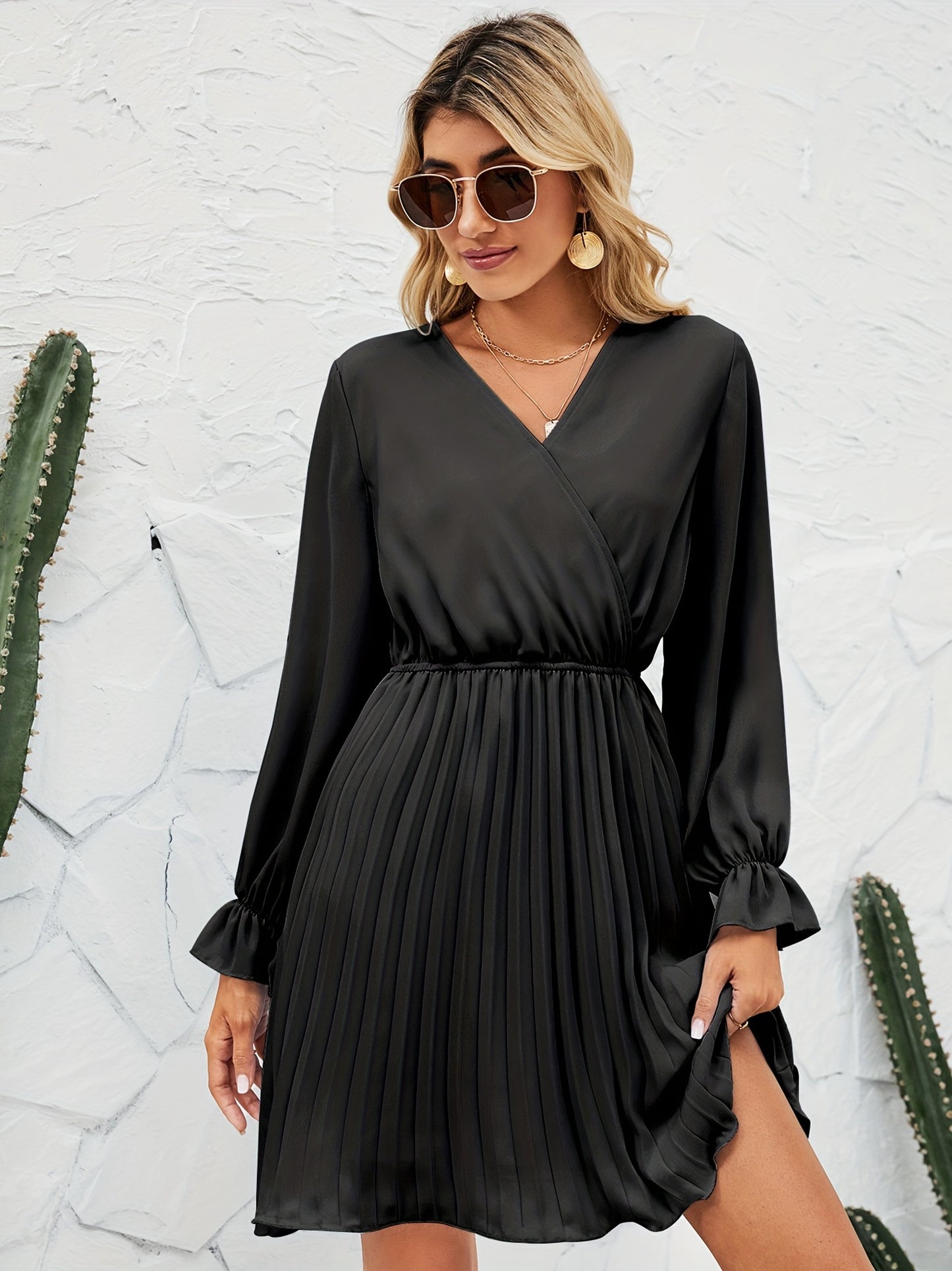 Antmvs Surplice Neck Pleated Dress, Elegant Long Sleeve Dress For Spring & Fall, Women's Clothing