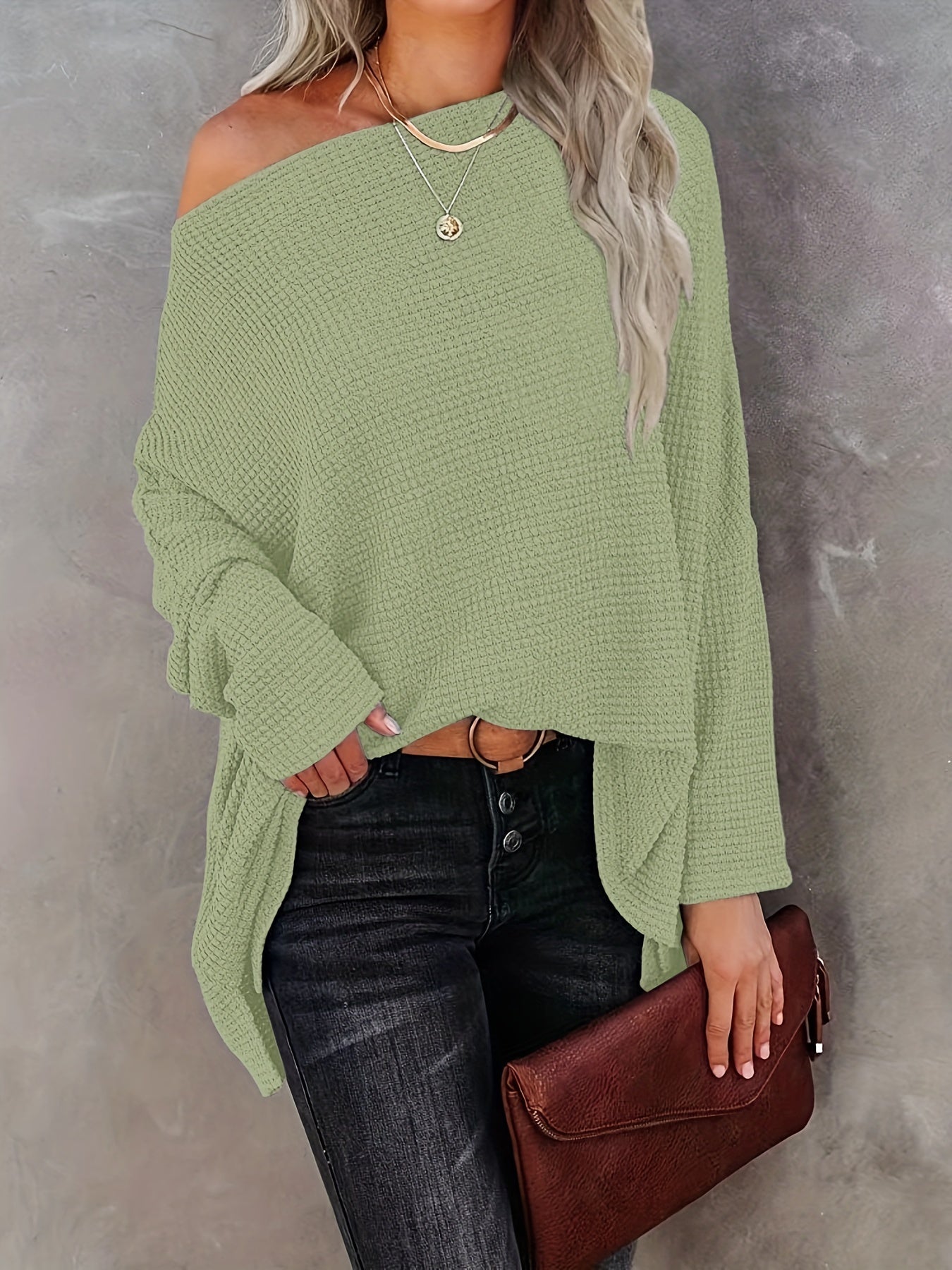 Antmvs Women's Casual Off Shoulder Bat Long Sleeve Waffle Knitted Oversized Pullover Sweater, Casual Tops For Fall & Winter, Women's Clothing