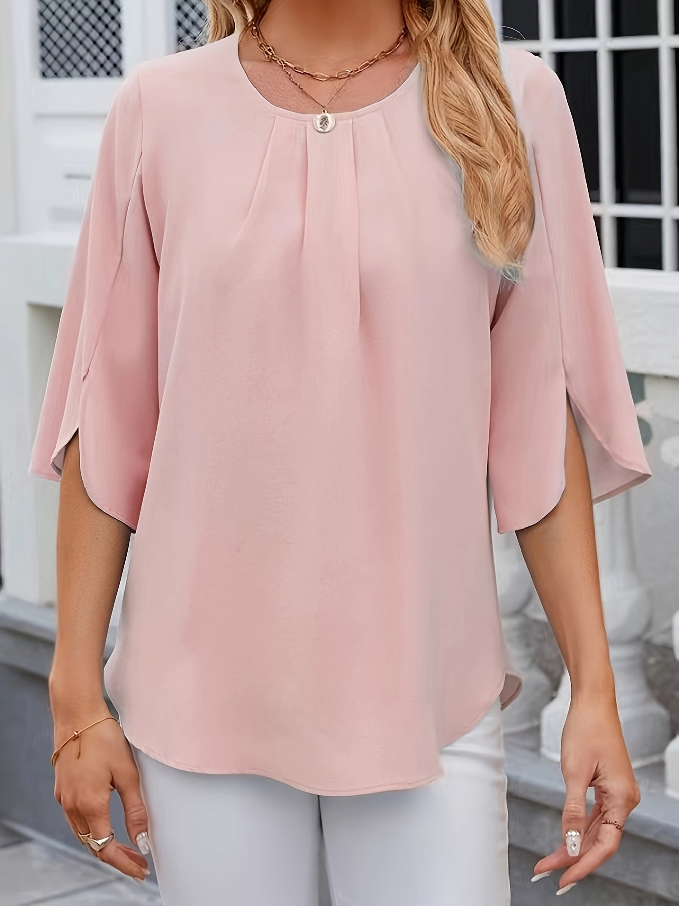 Plus Size Ruched Blouse - Exquisitely Elegant Design, Classic Crew Neck, Comfortable Short Sleeves, Flattering Ruched Detailing, Solid Color for Versatility - Perfect for Spring and Beyond, Designed Specifically for Plus Size Women