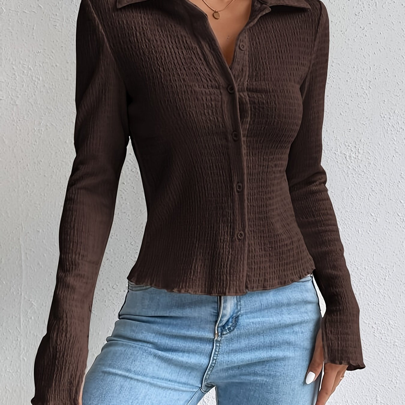 Antmvs Textured Button Front Collared Blouse, Casual Long Sleeve Top For Spring & Fall, Women's Clothing