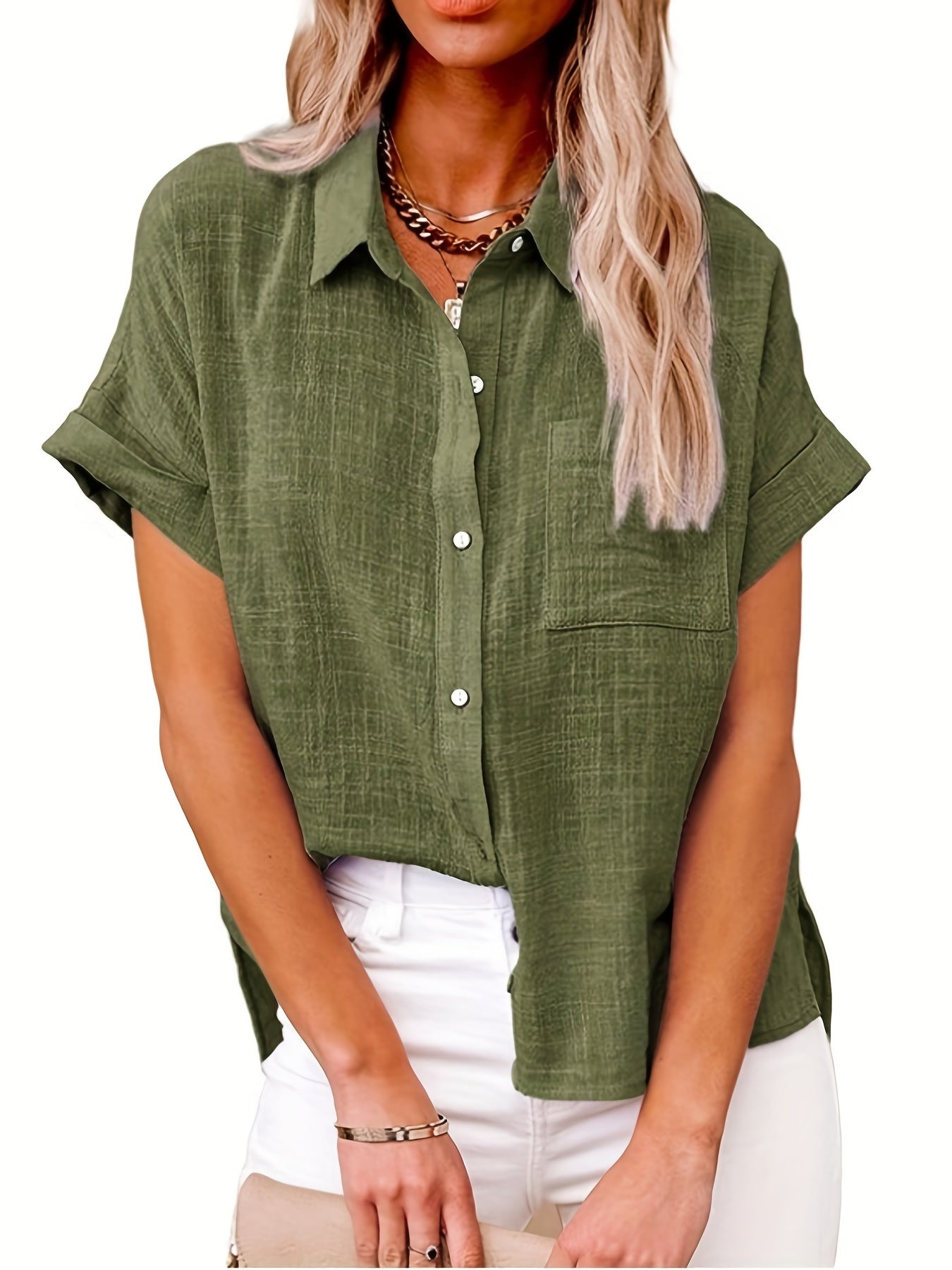 Antmvs Solid Color Short Sleeve Blouse, Casual Button Front Blouse For Spring & Summer, Women's Clothing