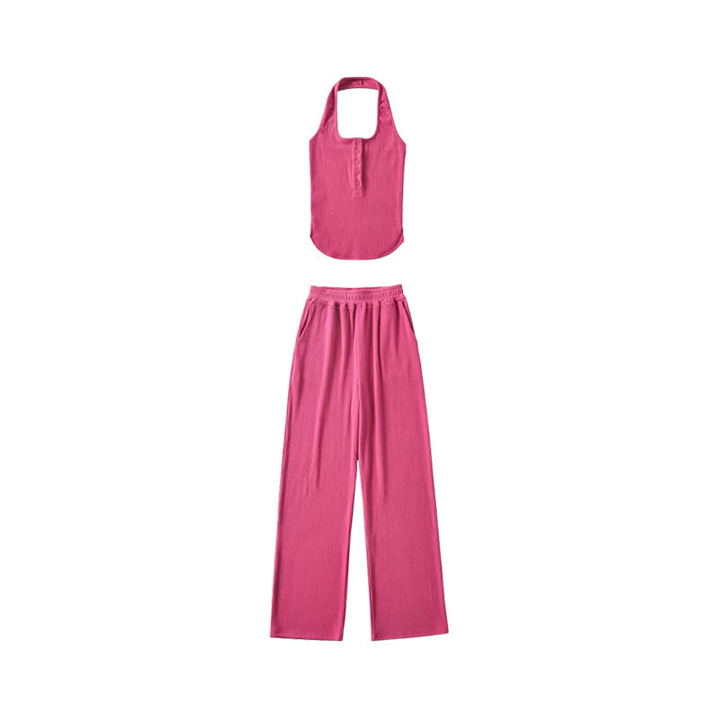 Antmvs Lia Solid Color Square Neck Wide Strap Ribbed Top + High Waist Straight Leg Pants Matching Set