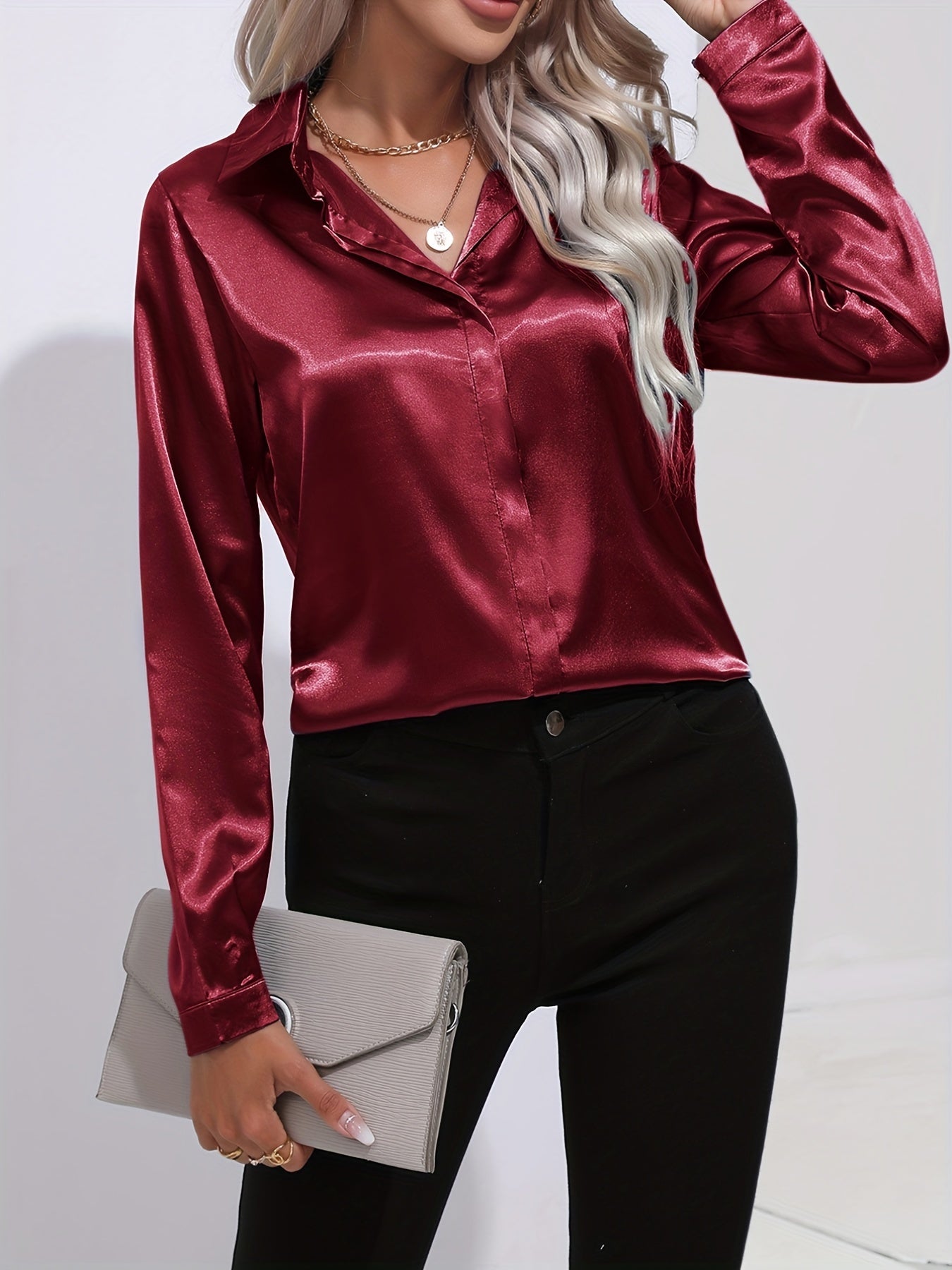 Antmvs Elegant Satin Blouse, Collar Long Sleeve Work Blouse, Women's Clothing