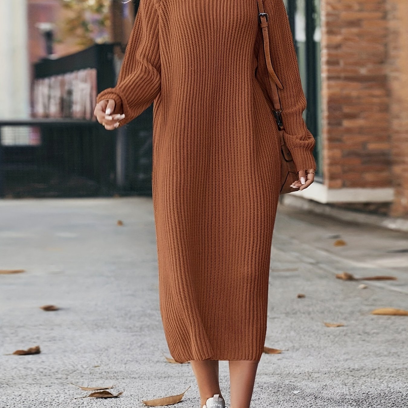 Antmvs Turtleneck Ribbed Sweater Dress, Casual Solid Long Sleeve Midi Dress, Women's Clothing
