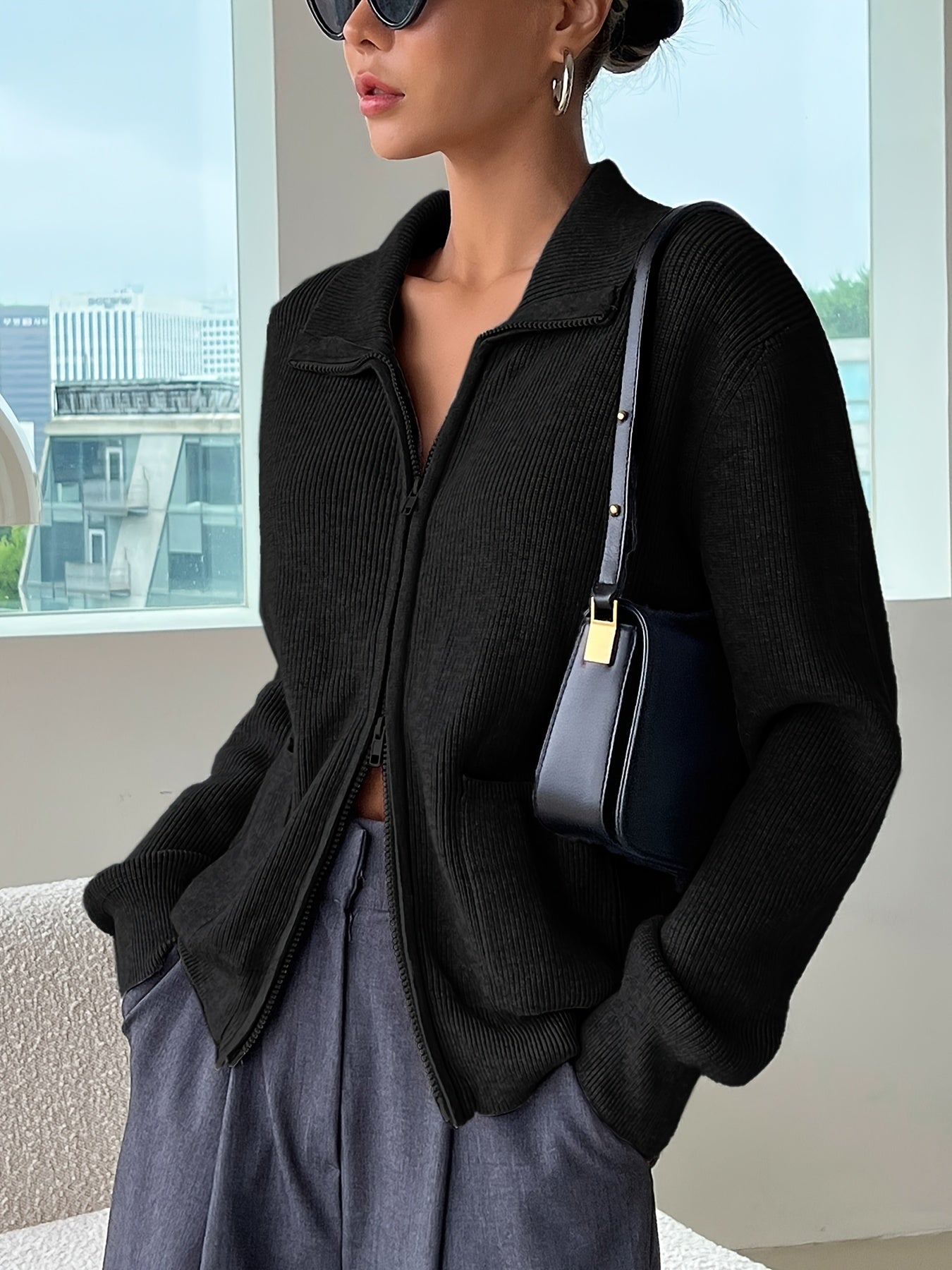 Antmvs Y2K Solid Zip Up Cardigan, Turndown Collar Long Sleeve Sweater For Fall & Winter, Women's Clothing
