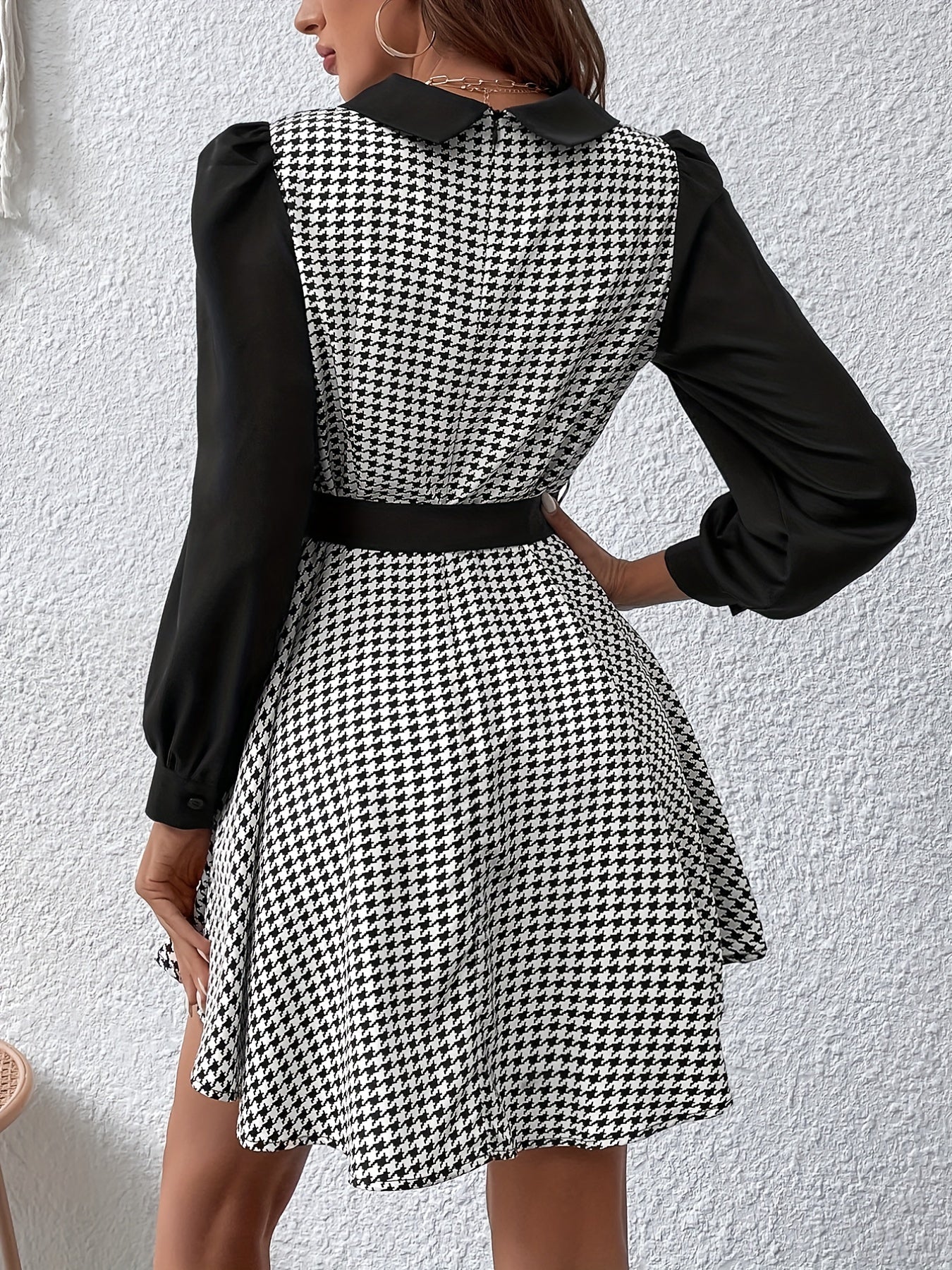 Antmvs Houndstooth Print Splicing Dress, Elegant Flat Collar Long Sleeve Dress, Women's Clothing