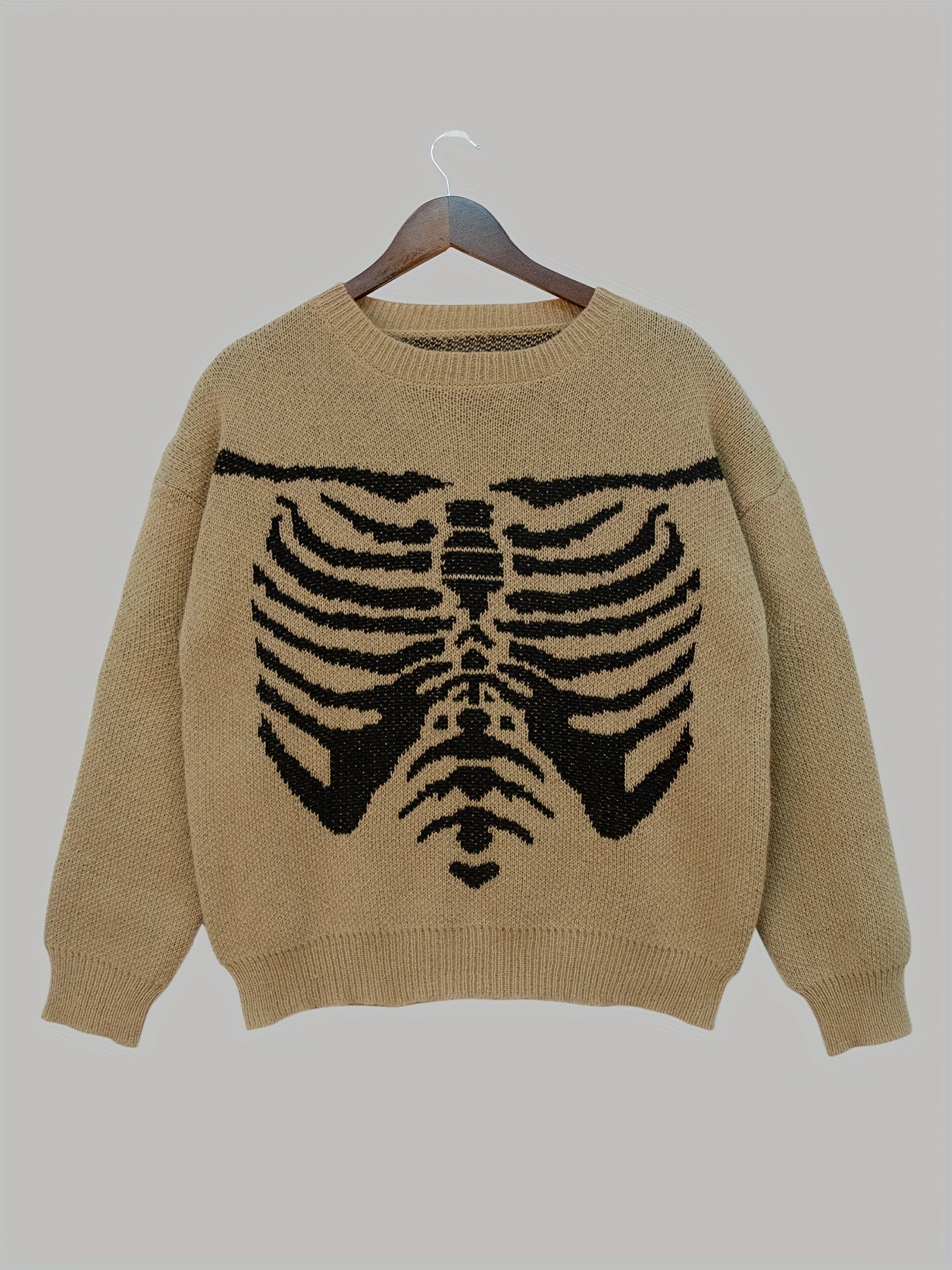 Antmvs Skeleton Pattern Drop Shoulder Sweater, Casual Long Sleeve Crew Neck Sweater For Fall & Winter, Women's Clothing