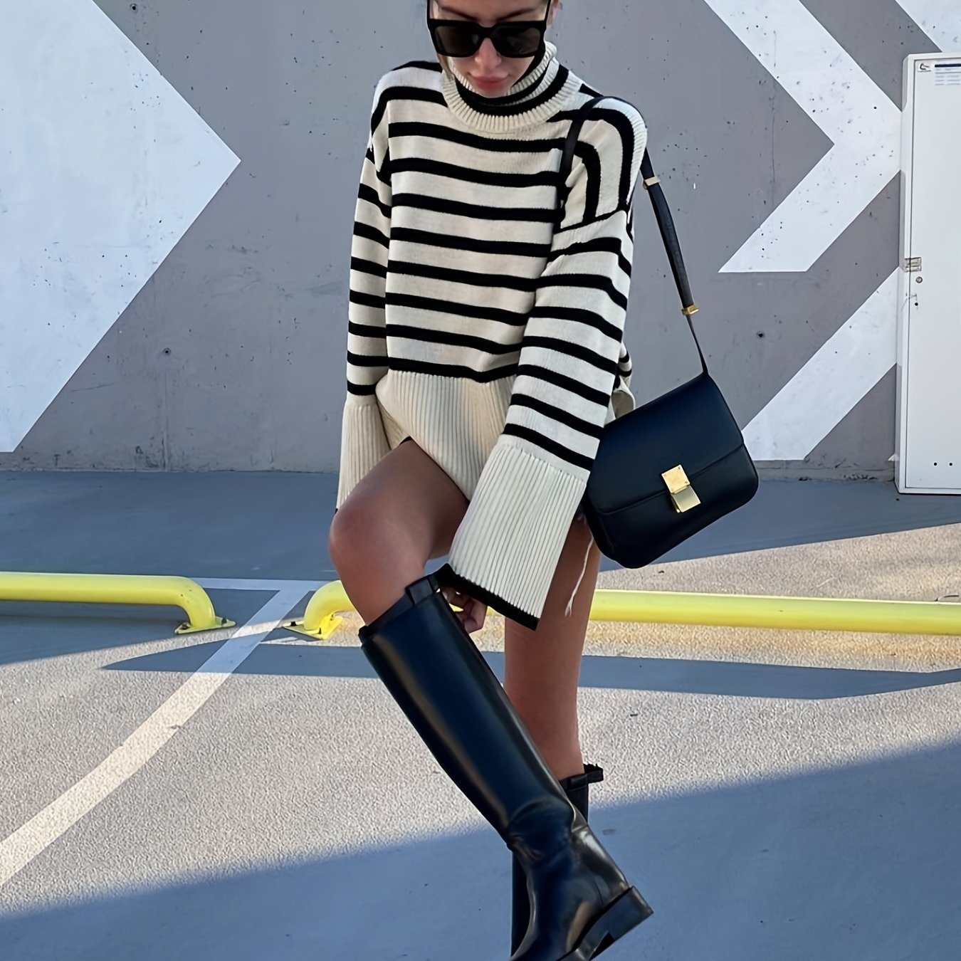 Antmvs Plus Size Y2K Sweater, Women's Plus Striped Long Sleeve Turtle Neck Drop Shoulder Loose Pullover Top
