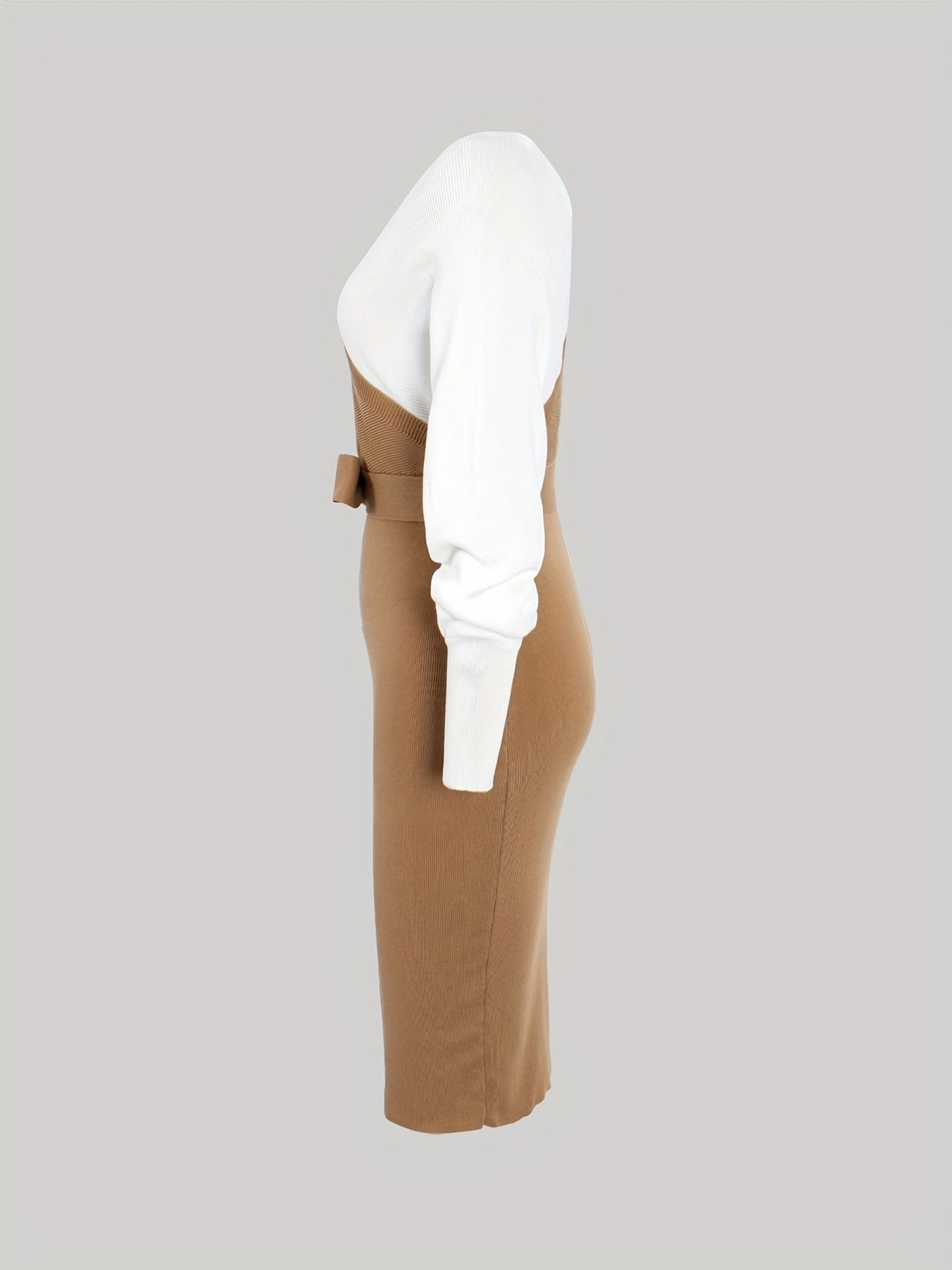 Antmvs Color Block Backless Dress, Casual V Neck Long Sleeve Bodycon Dress, Women's Clothing