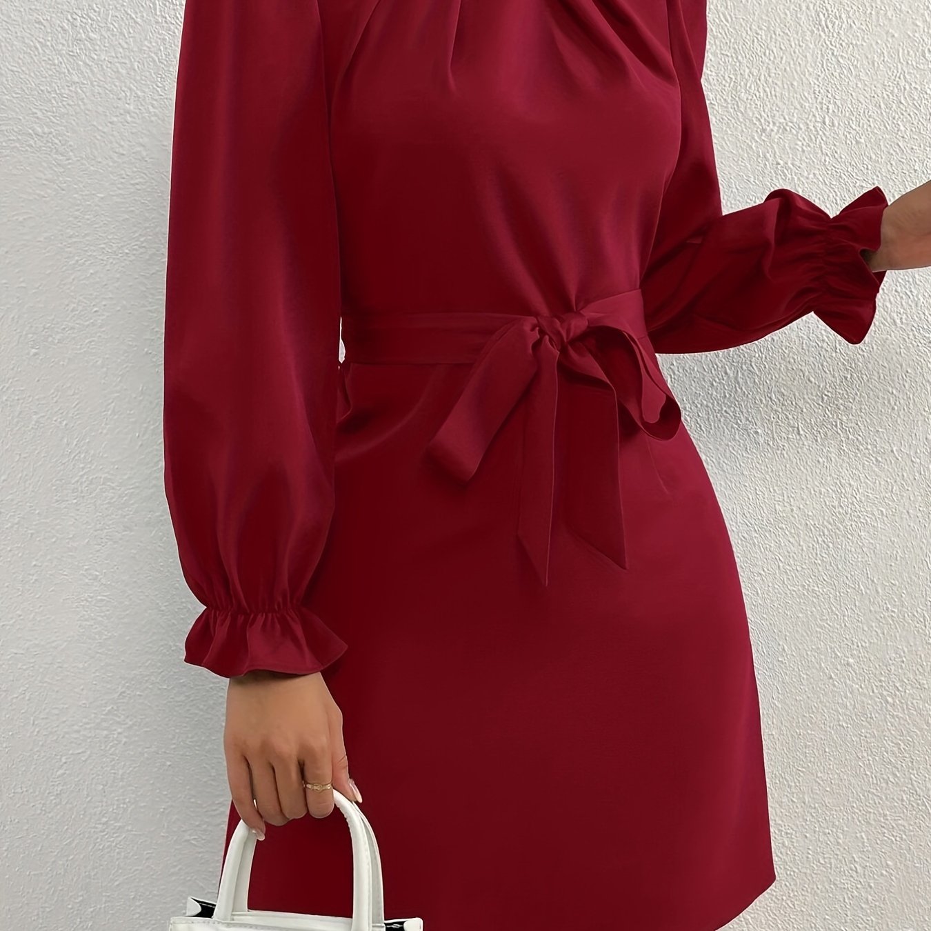 Antmvs Tucked Solid Dress, Elegant Mock Neck Lantern Sleeve Dress, Women's Clothing