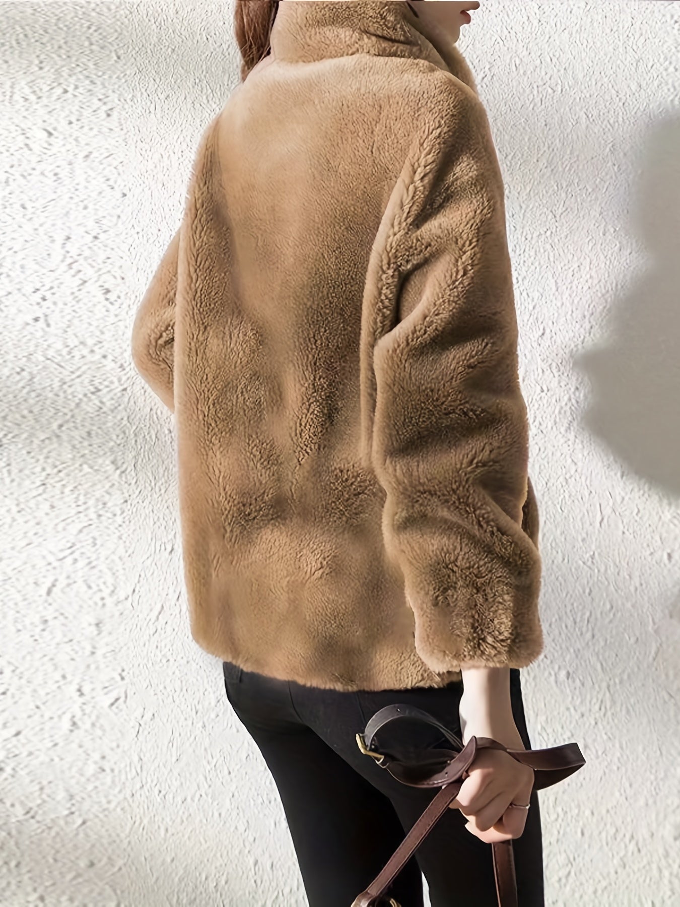 Antmvs Drawstring Teddy Coat, Casual Zip Up Long Sleeve Warm Outerwear, Women's Clothing