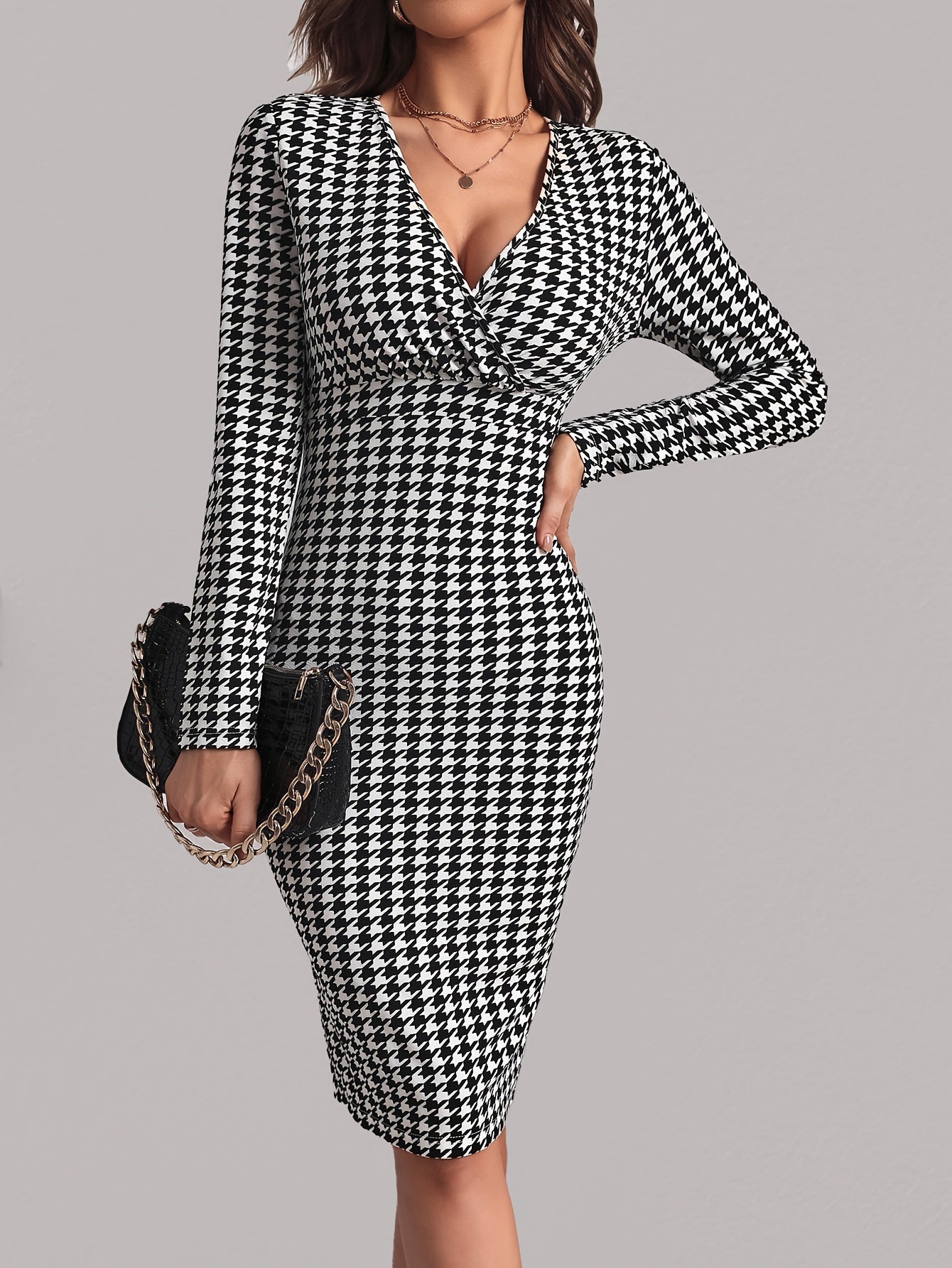 Antmvs Houndstooth Print Split Dress, Elegant V Neck Long Sleeve Dress, Women's Clothing